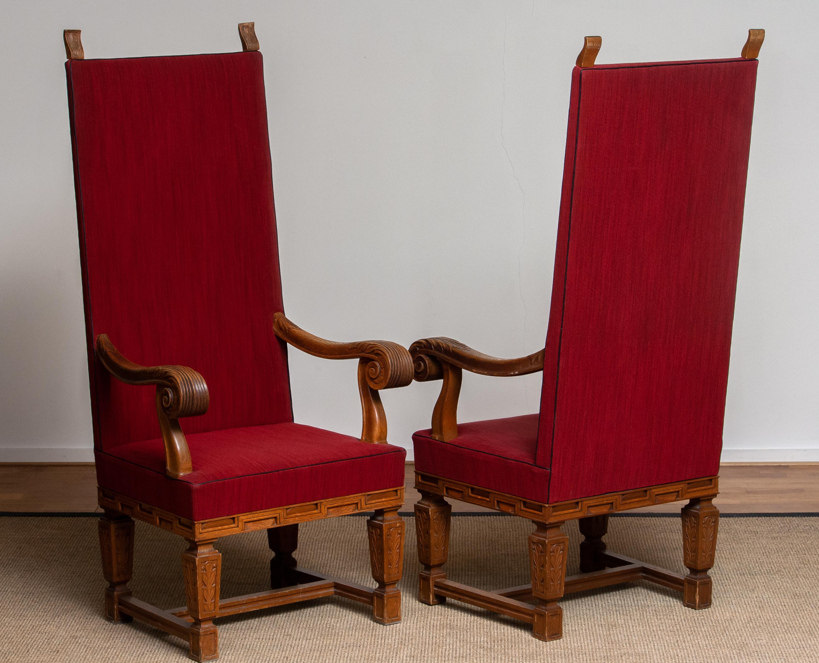 1900 / 1950's Pair of Tall Crafts Throne Chairs Carved Oak Wood from Sweden 5