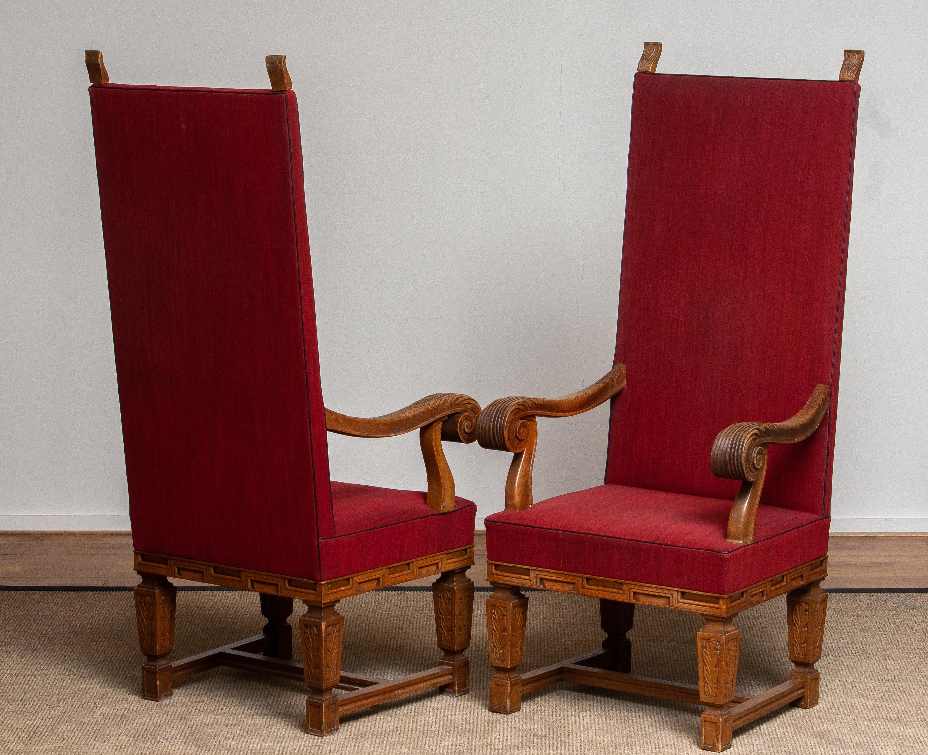 1900 / 1950's Pair of Tall Crafts Throne Chairs Carved Oak Wood from Sweden 6