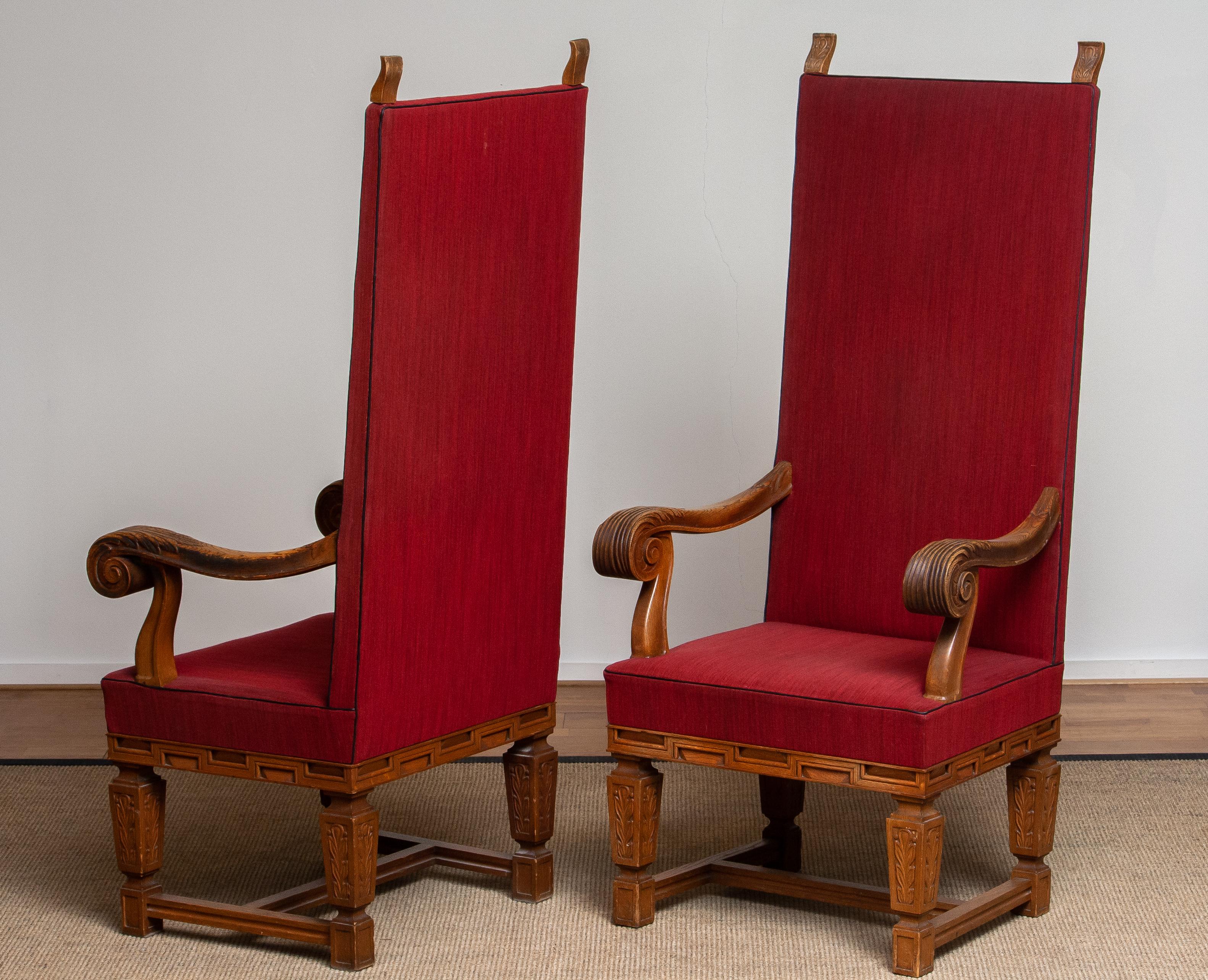 1900 / 1950's Pair of Tall Crafts Throne Chairs Carved Oak Wood from Sweden 7