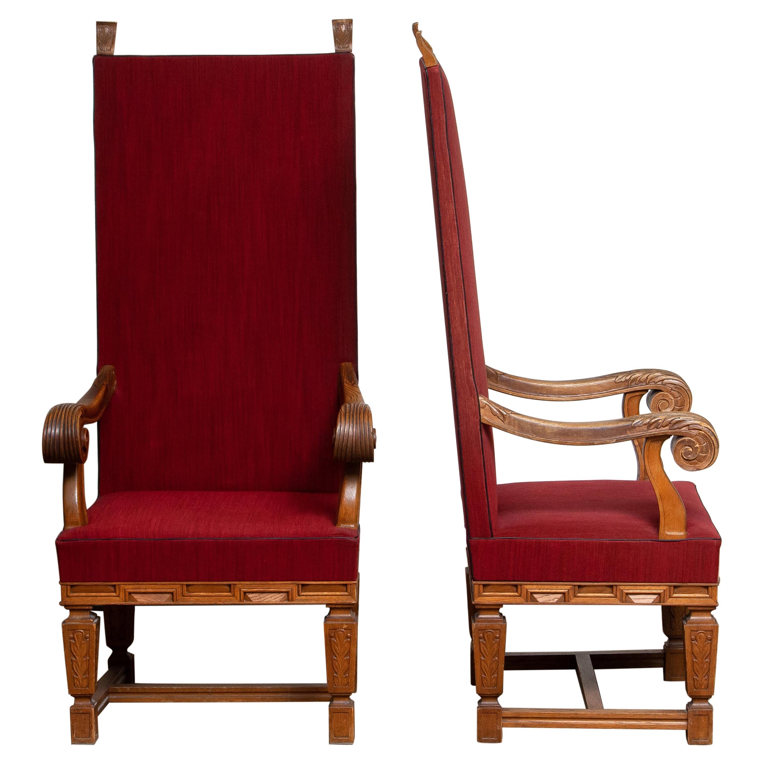 Unique set of two extremely tall throne chairs made of oak with beautiful modest carvings hand made in Sweden between 1900 and 1950's. High quality!
Both chairs are individual numbered as number one and number two.
The height of the backrest,