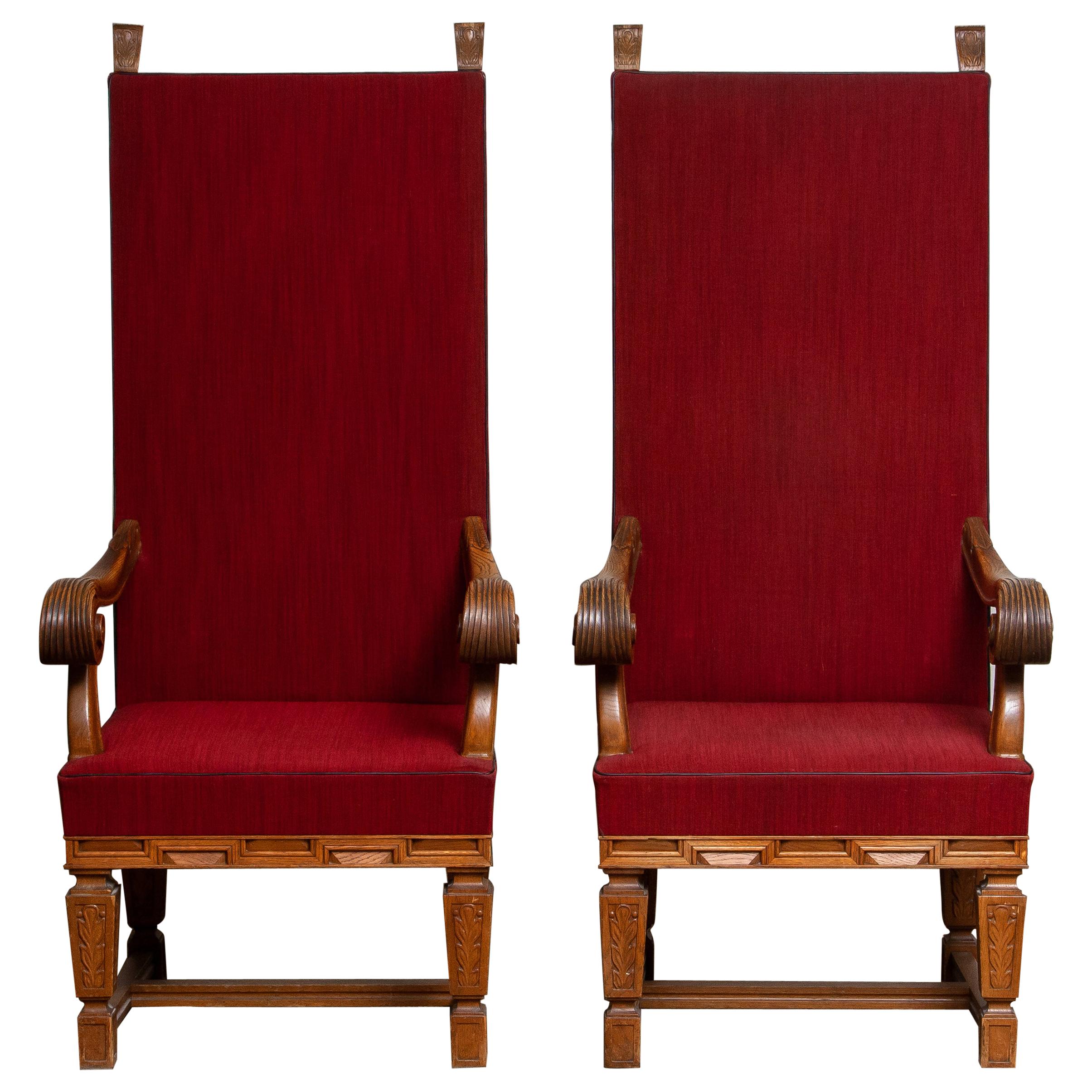 Swedish 1900 / 1950's Pair of Tall Crafts Throne Chairs Carved Oak Wood from Sweden