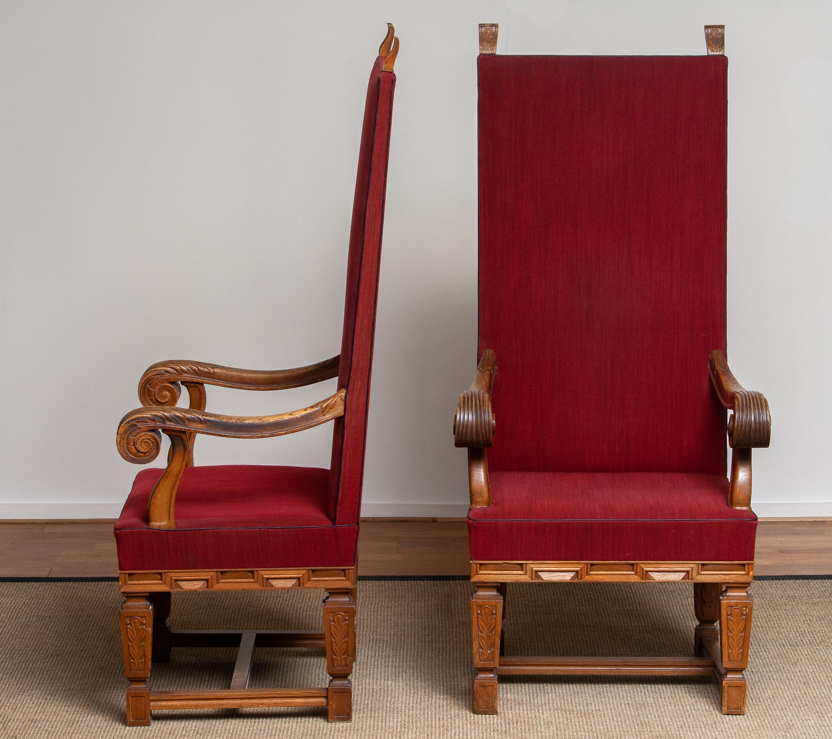 1900 / 1950's Pair of Tall Crafts Throne Chairs Carved Oak Wood from Sweden 2