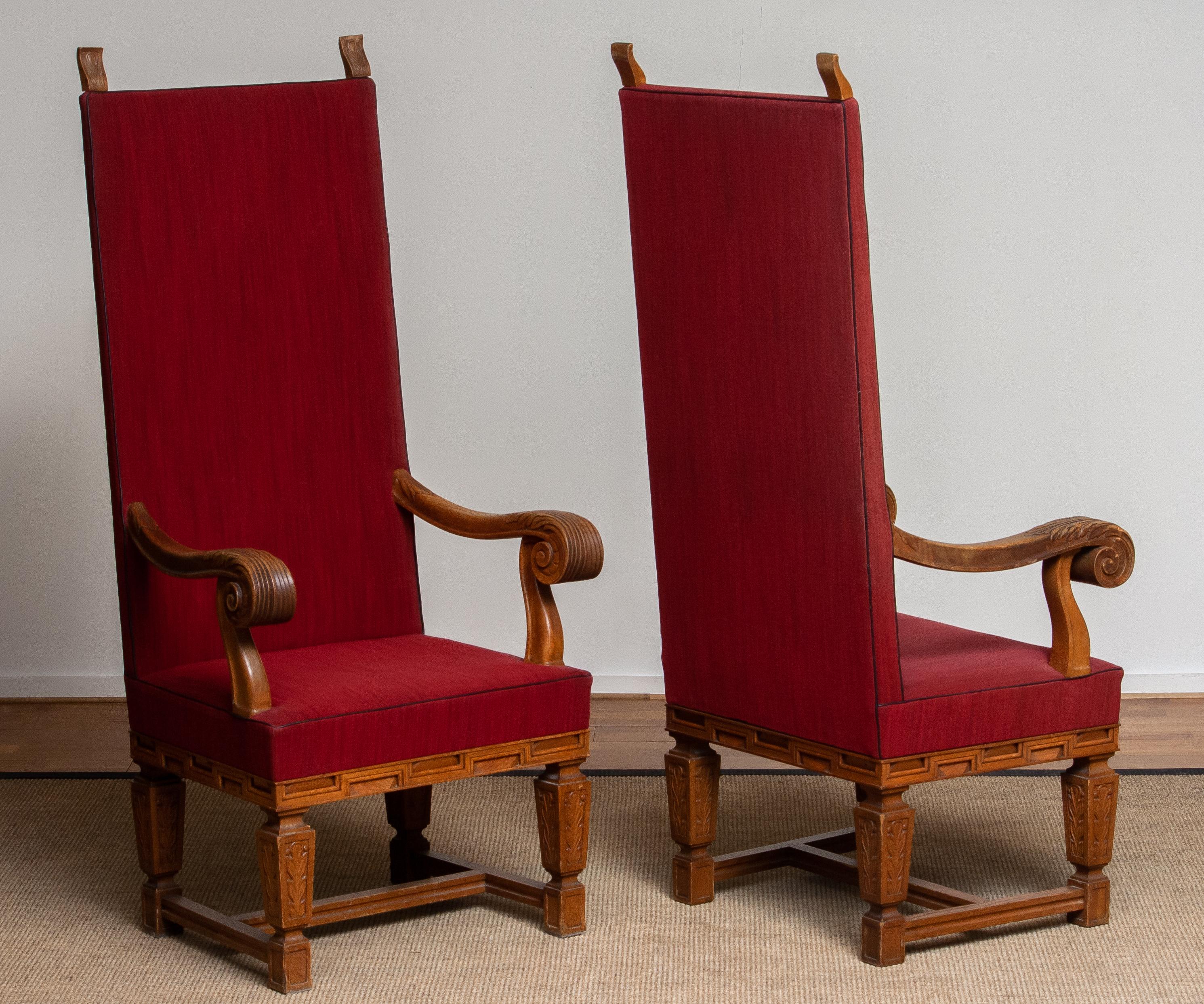 1900 / 1950's Pair of Tall Crafts Throne Chairs Carved Oak Wood from Sweden 4