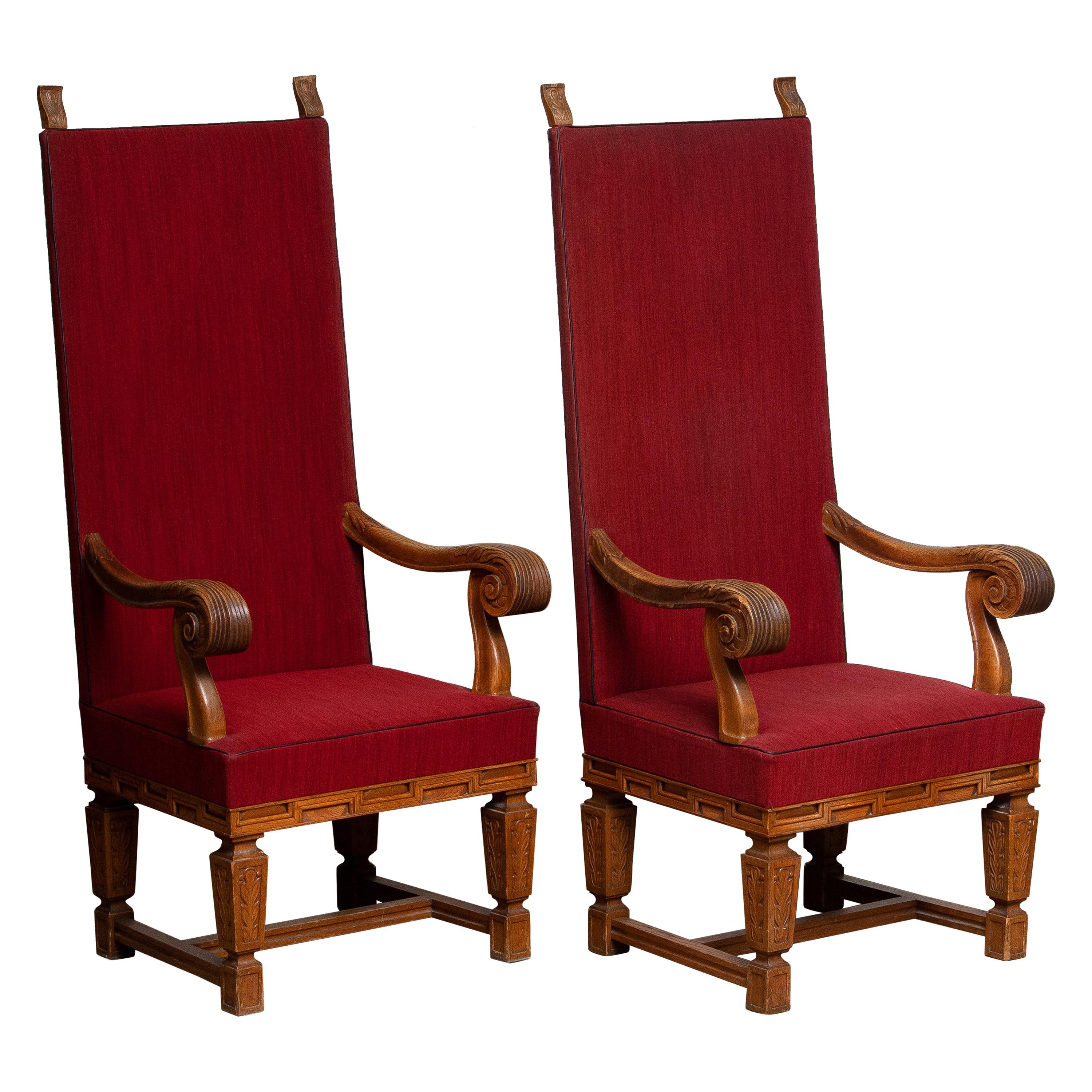 1900 / 1950's Pair of Tall Crafts Throne Chairs Carved Oak Wood from Sweden