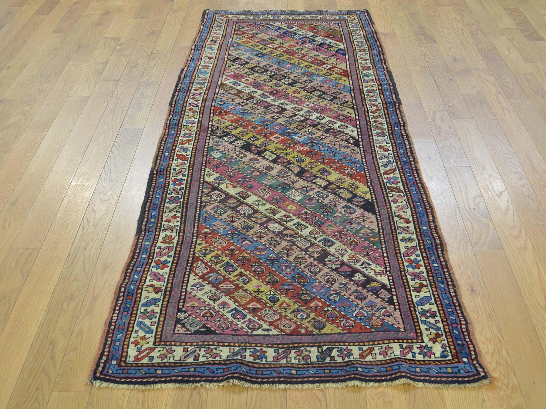 Hand-Knotted 1900s Multicolored Antique Caucasian Runner Rug - 2'10