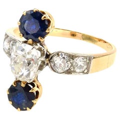 Bague 1900 antique en diamants et saphirs de taille coussin