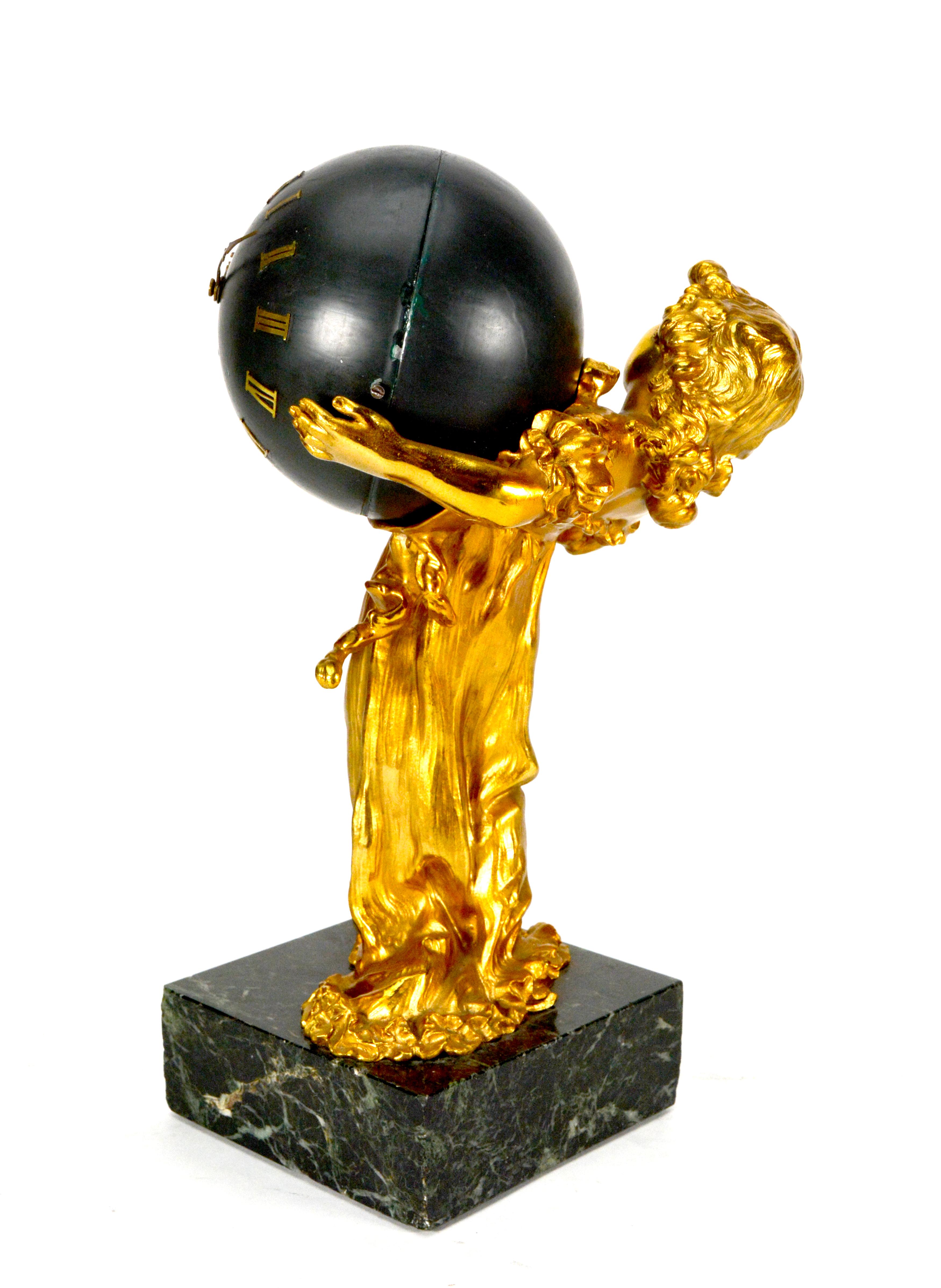 1900 Antique French Ormolu Gilt Bronze Elegant Lady Marble Base Ball Clock In Good Condition For Sale In Danville, CA
