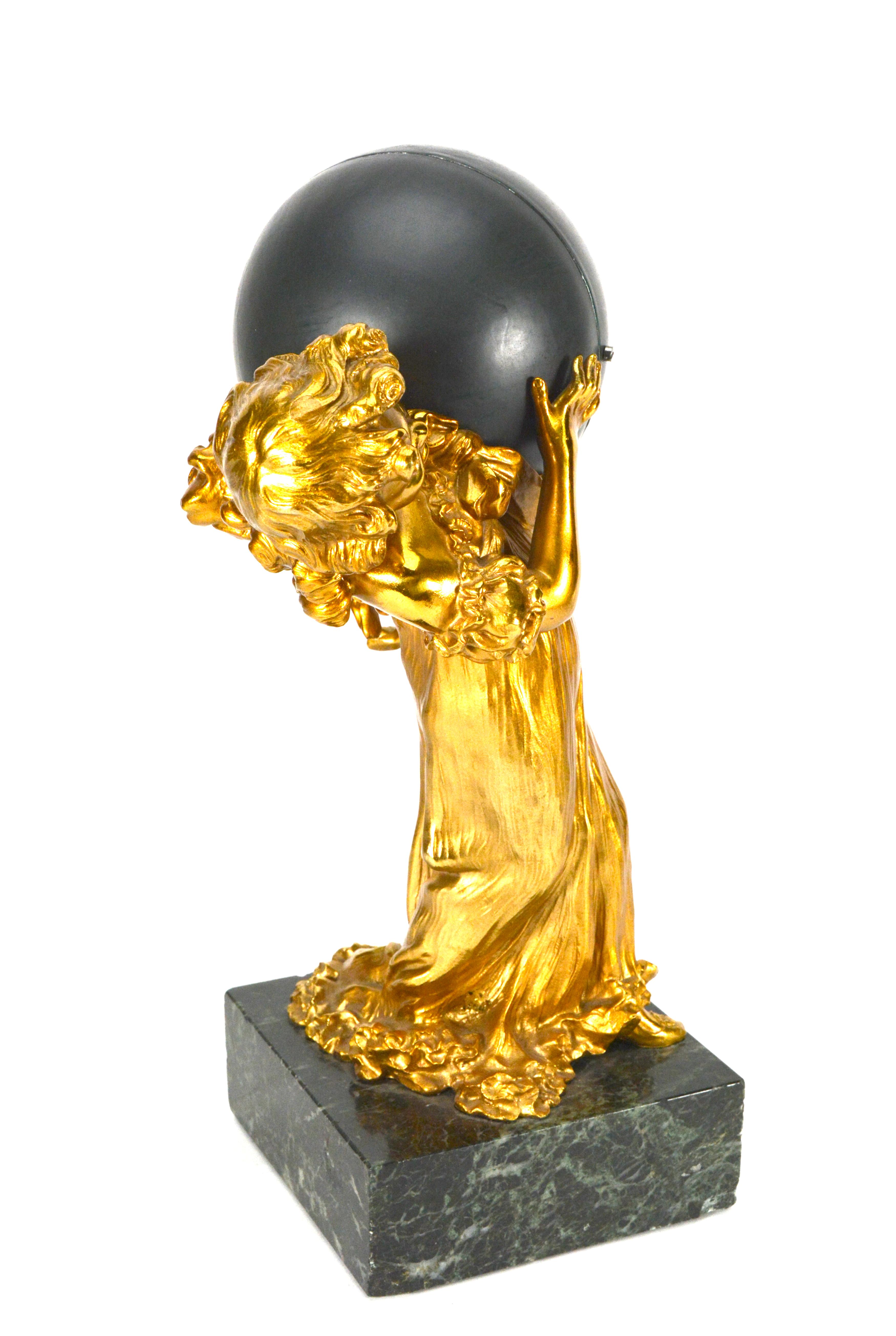 Early 20th Century 1900 Antique French Ormolu Gilt Bronze Elegant Lady Marble Base Ball Clock For Sale