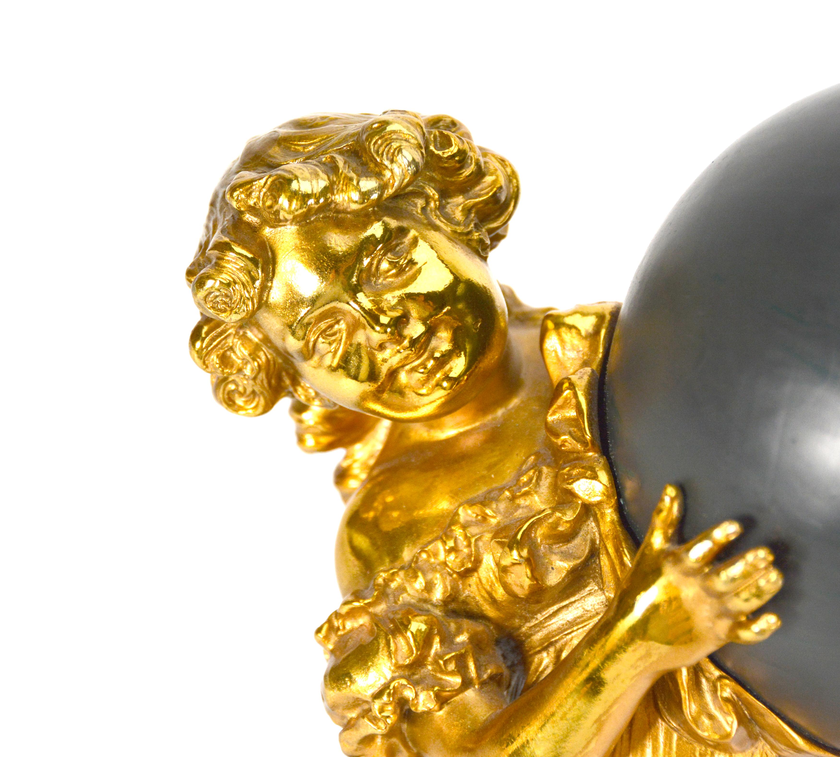 1900 Antique French Ormolu Gilt Bronze Elegant Lady Marble Base Ball Clock For Sale 1