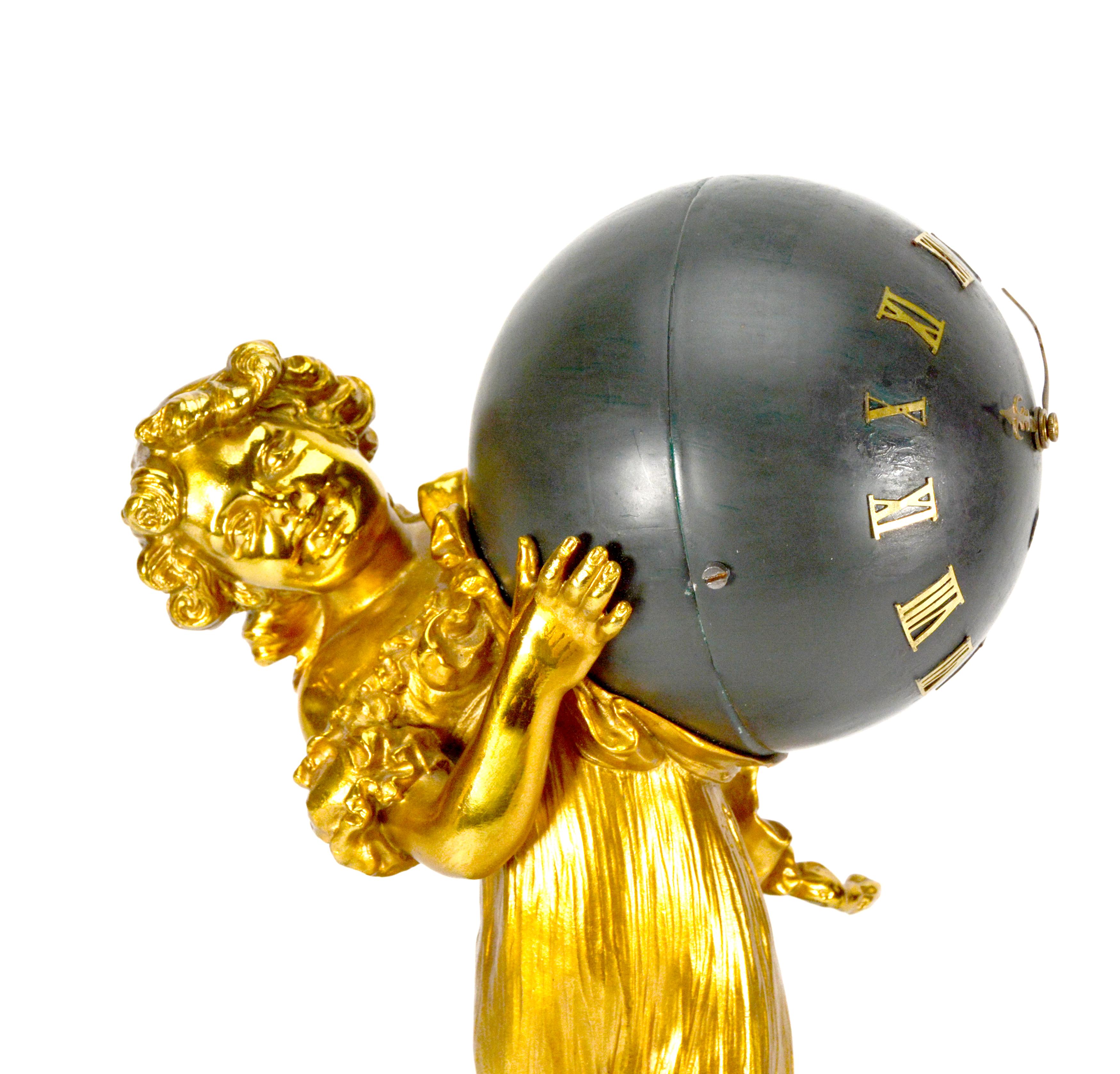 1900 Antique French Ormolu Gilt Bronze Elegant Lady Marble Base Ball Clock For Sale 2