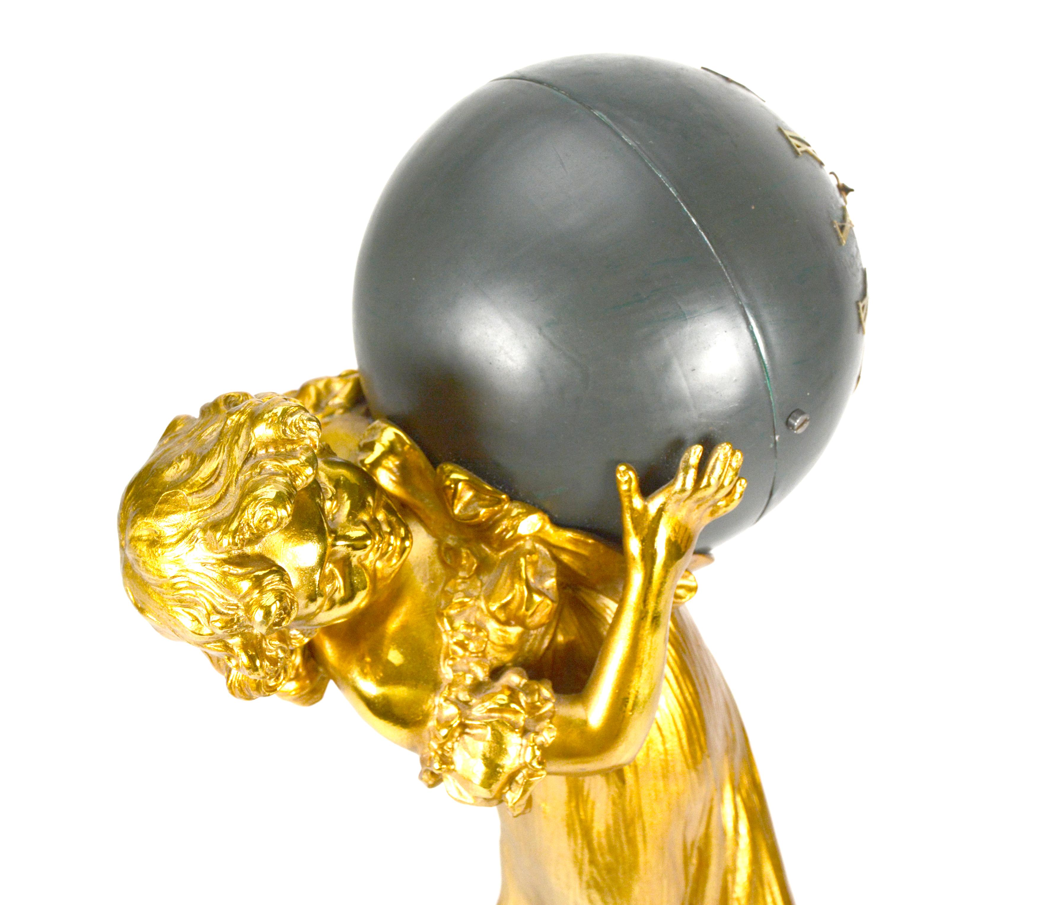 1900 Antique French Ormolu Gilt Bronze Elegant Lady Marble Base Ball Clock For Sale 3