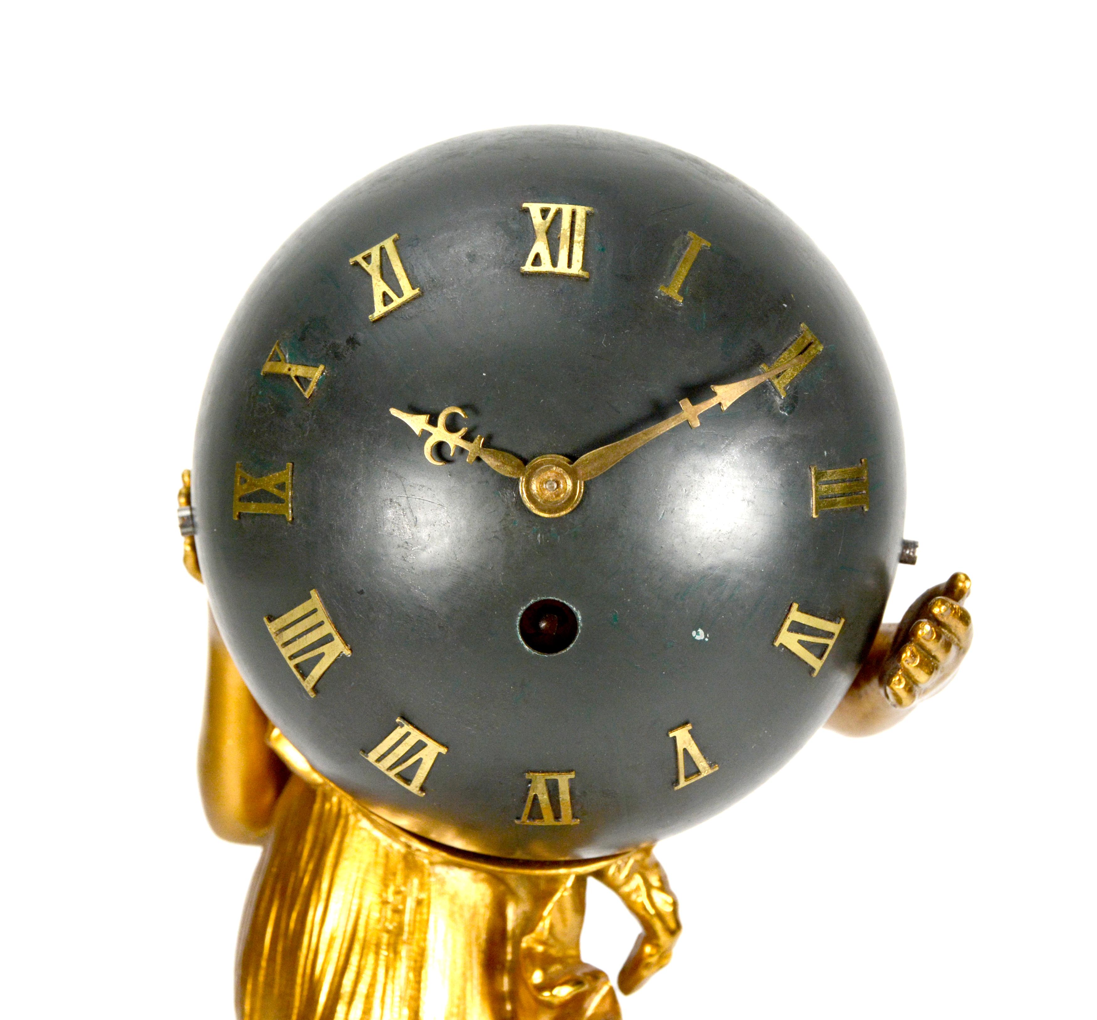 1900 Antique French Ormolu Gilt Bronze Elegant Lady Marble Base Ball Clock For Sale 4