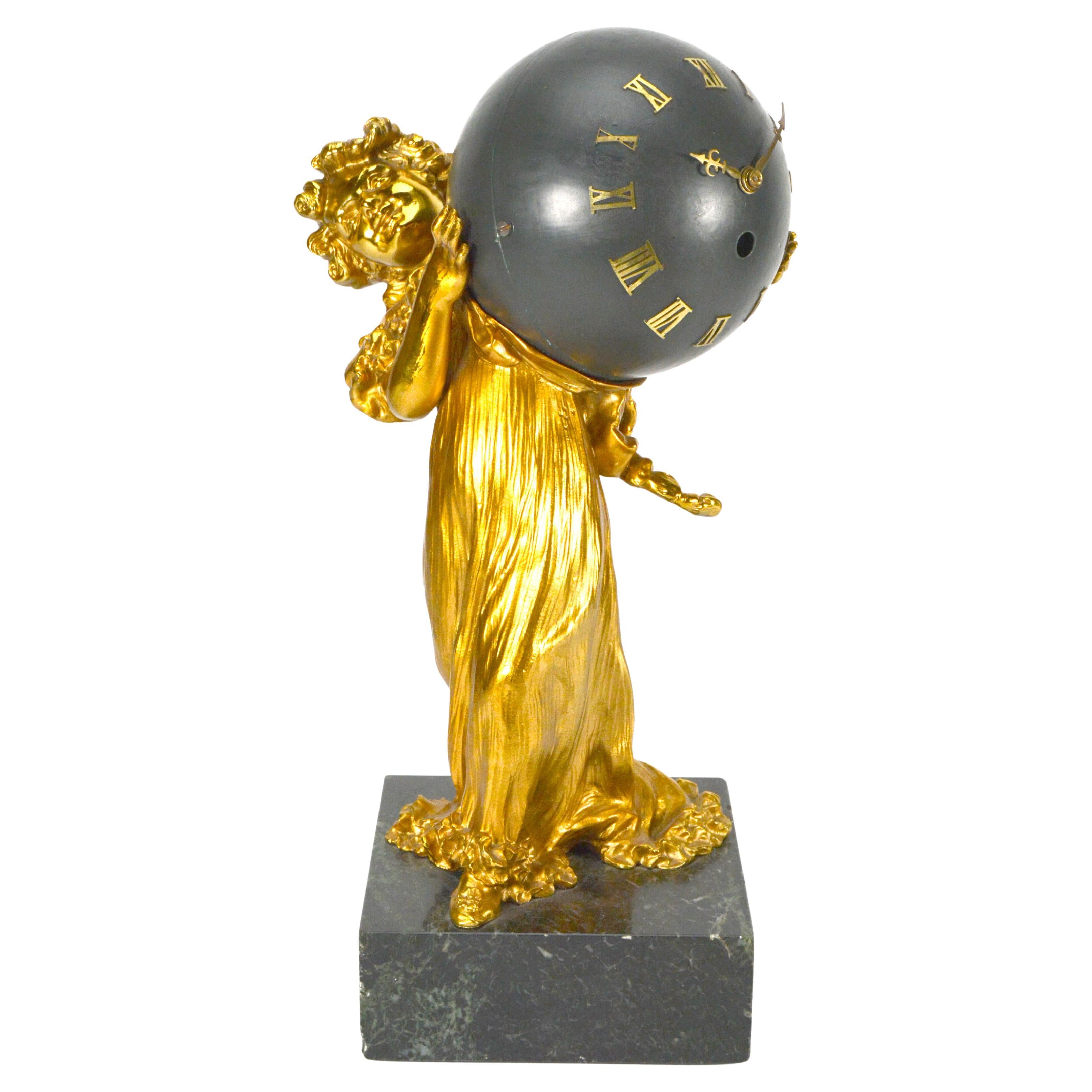 1900 Antique French Ormolu Gilt Bronze Elegant Lady Marble Base Ball Clock For Sale