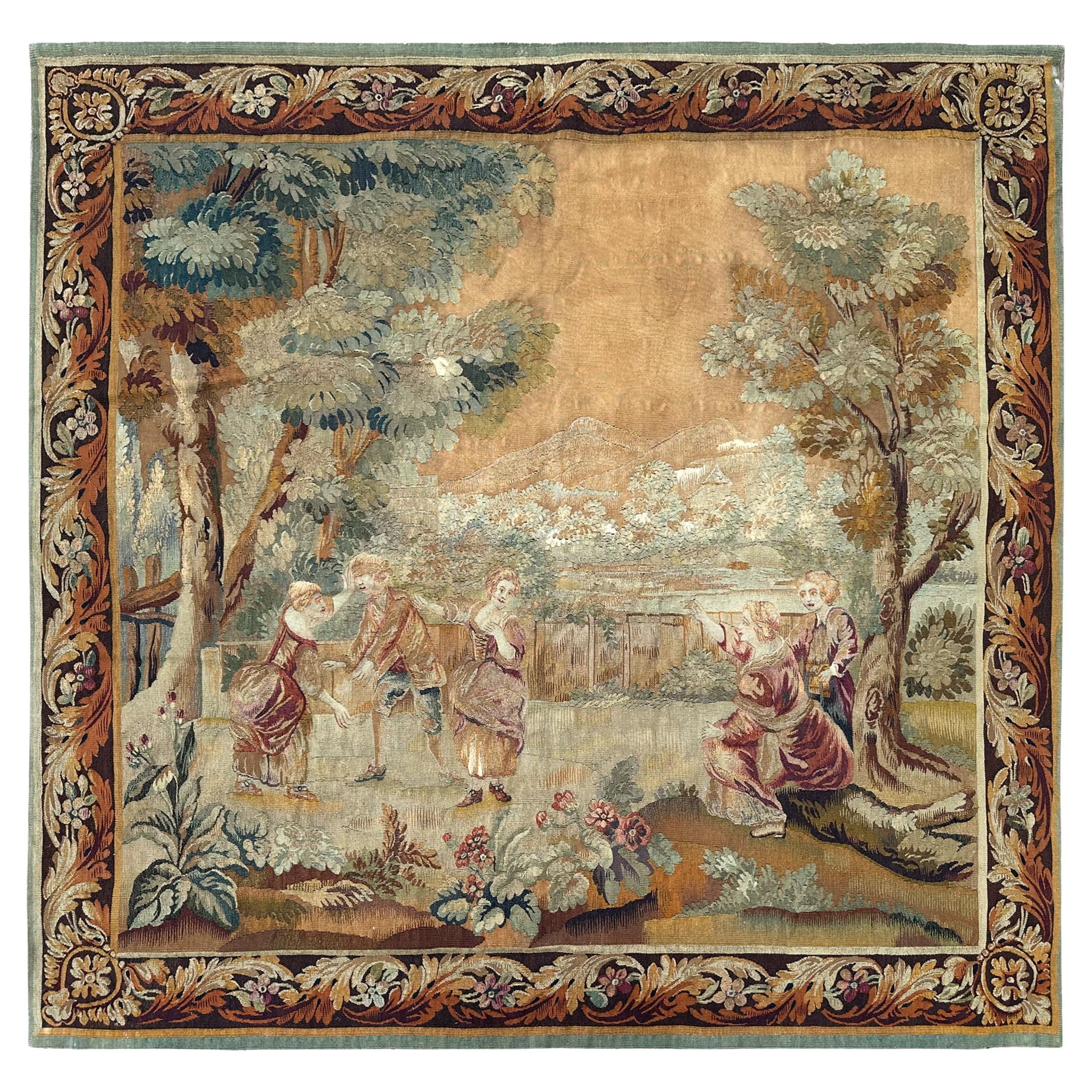 1900 Antique French Tapiz Lana y Seda Juego 7x7 Cuadrado 196cm x 201cm en venta