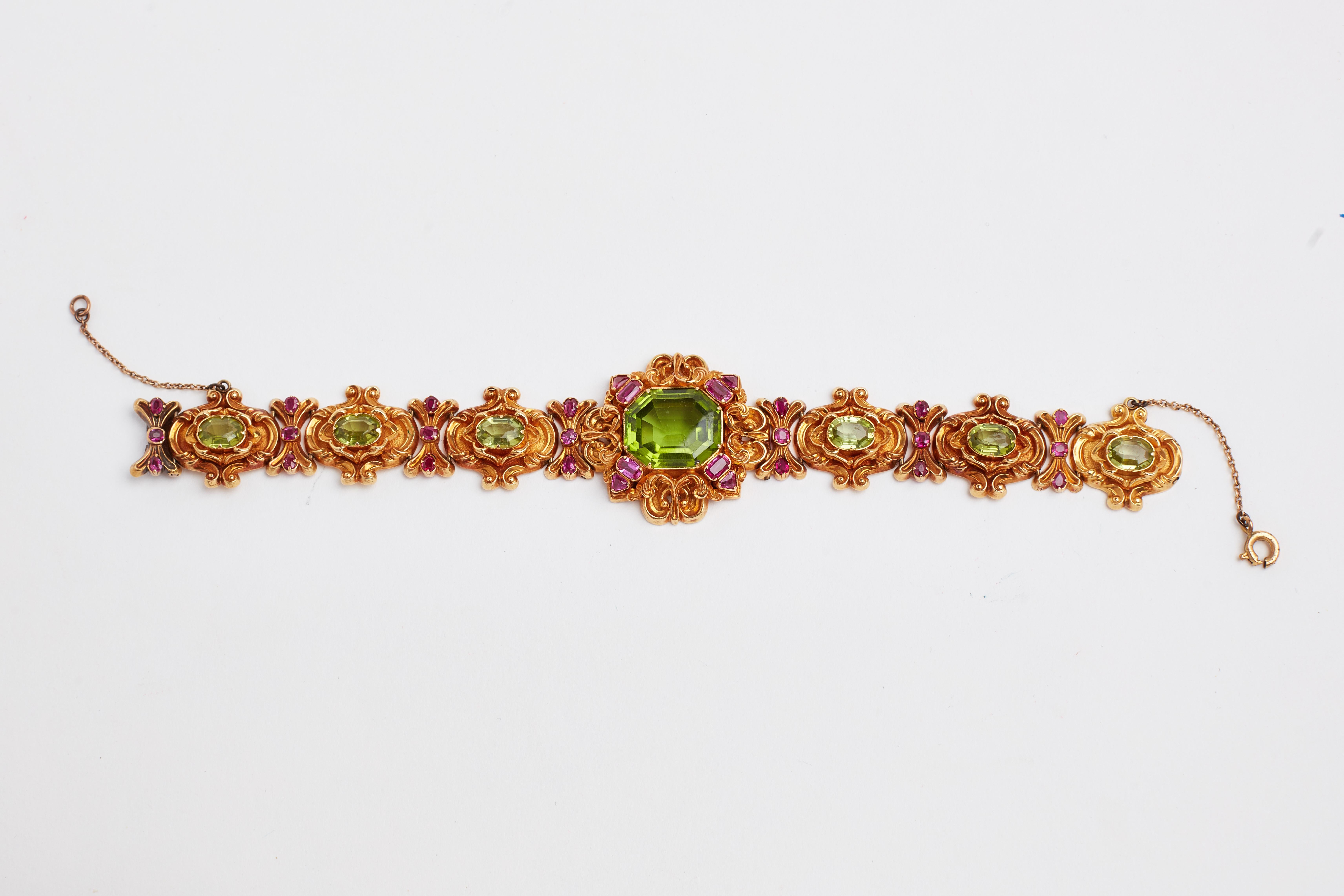 Antique Georgian 18k peridot and ruby bracelet. 6.5 inches. circa 1900