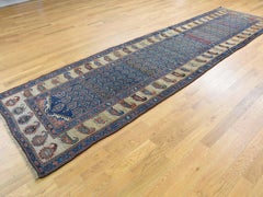 1900 Antique Kurdish Bidjar Runner Rug Boteh Design Blue