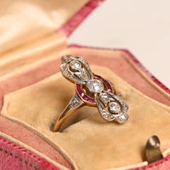 Antique Old European Cut Diamond Ruby Floral Elongated Ring 18k Yellow Gold