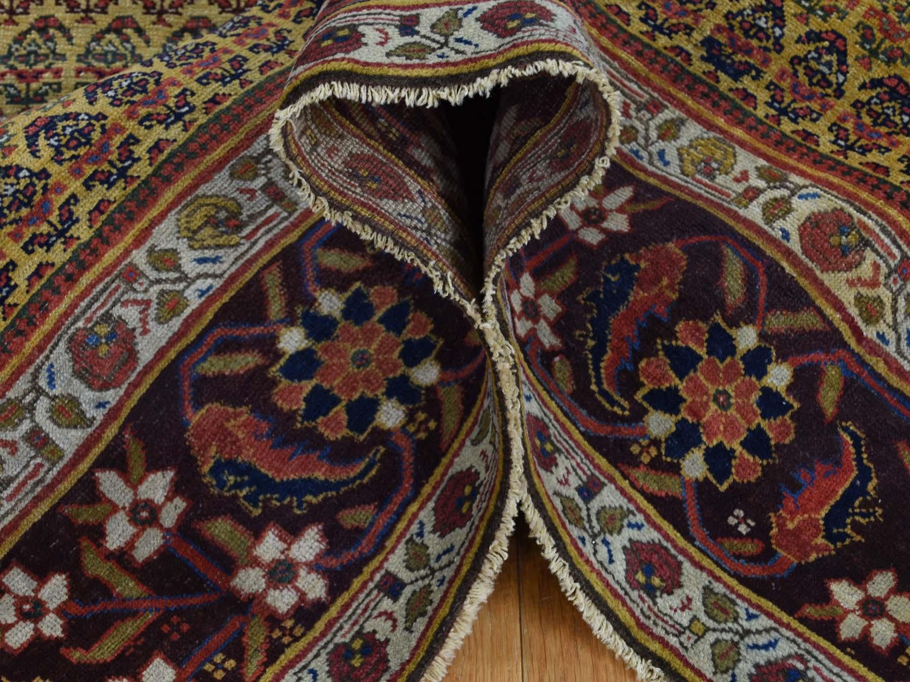 Early 20th Century 1900 Antique Persian Bidjar Wide Gallery Runner Rug, Yellow Botehs For Sale