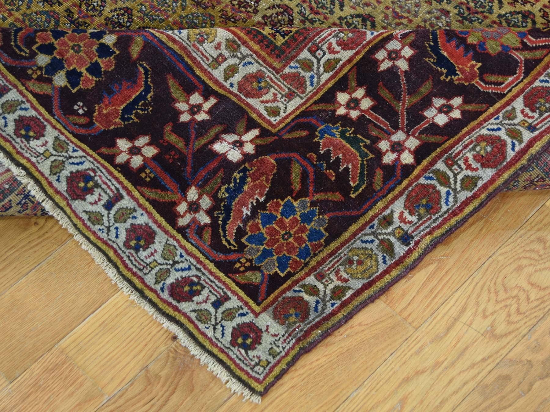 Wool 1900 Antique Persian Bidjar Wide Gallery Runner Rug, Yellow Botehs For Sale