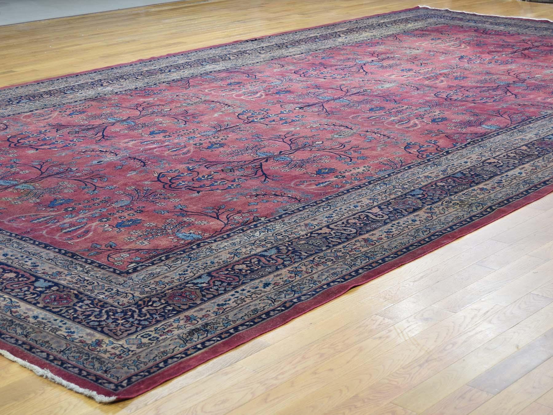 Hand-Knotted 1900 Antique Persian Kashan Rug, Gallery Size, Light Reds