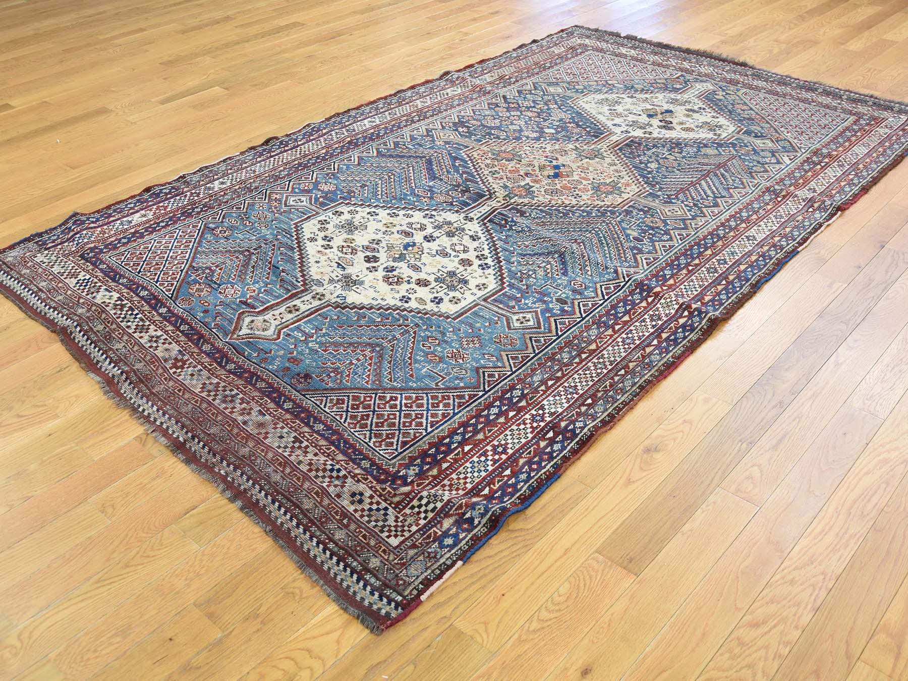 Hand-Knotted 1900 Antique Persian Qashqai Rug, Exquisite Blue