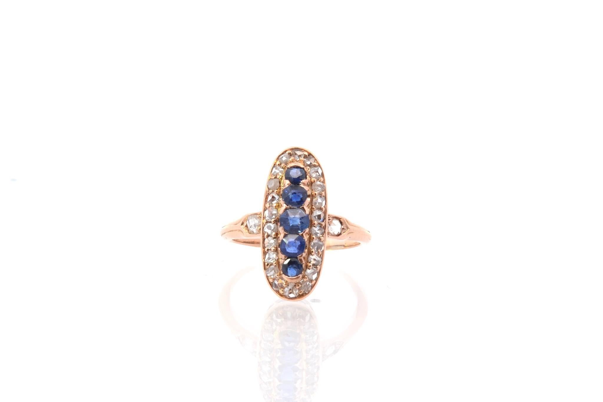 Stones: 5 sapphires: 0.89 ct and 24 rose diamonds: 0.48 ct
Material: 18k gold
Weight: 3.5g
Period: 1900
Size: 51 (free sizing)
Certificate
Ref. : 25628