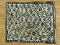 1900 Antique Shirvan Hand Knotted Pure Wool Rug Ivory with Blues Repetitive