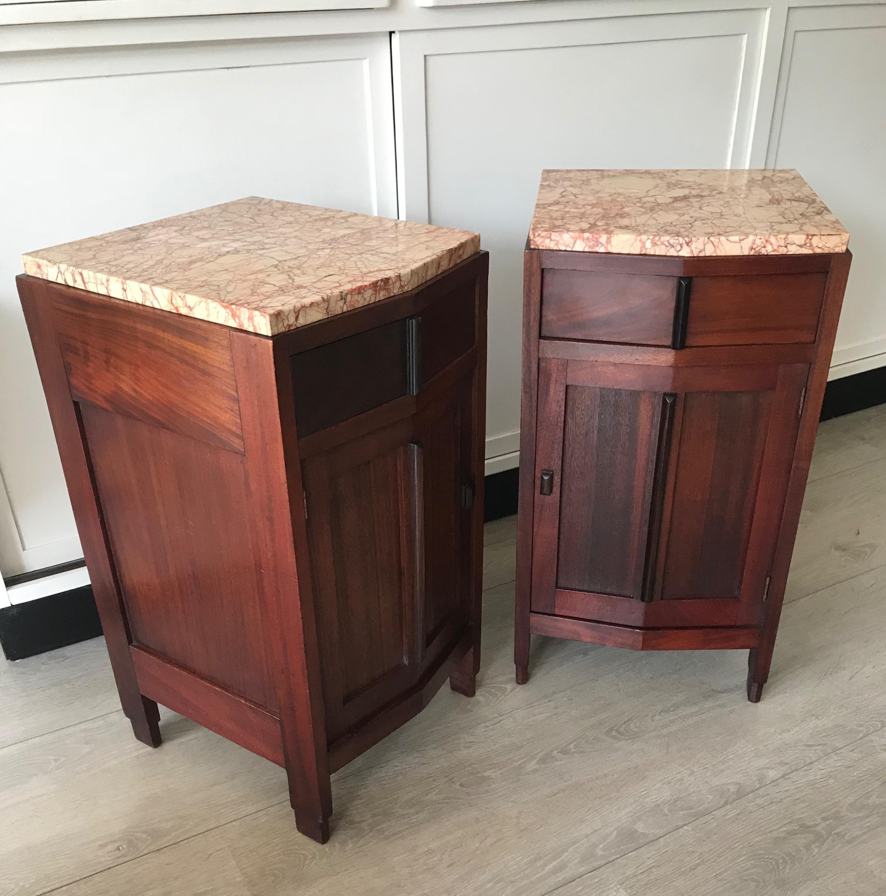 Amsterdam School Mahogany Macassar & Marble Nightstands Cabinets Tables 7