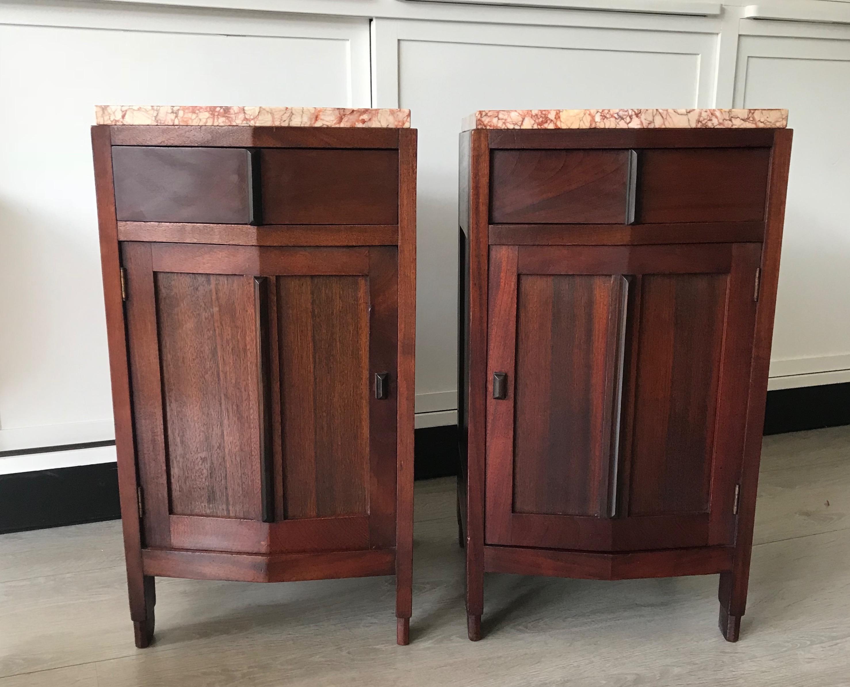 Dutch Amsterdam School Mahogany Macassar & Marble Nightstands Cabinets Tables