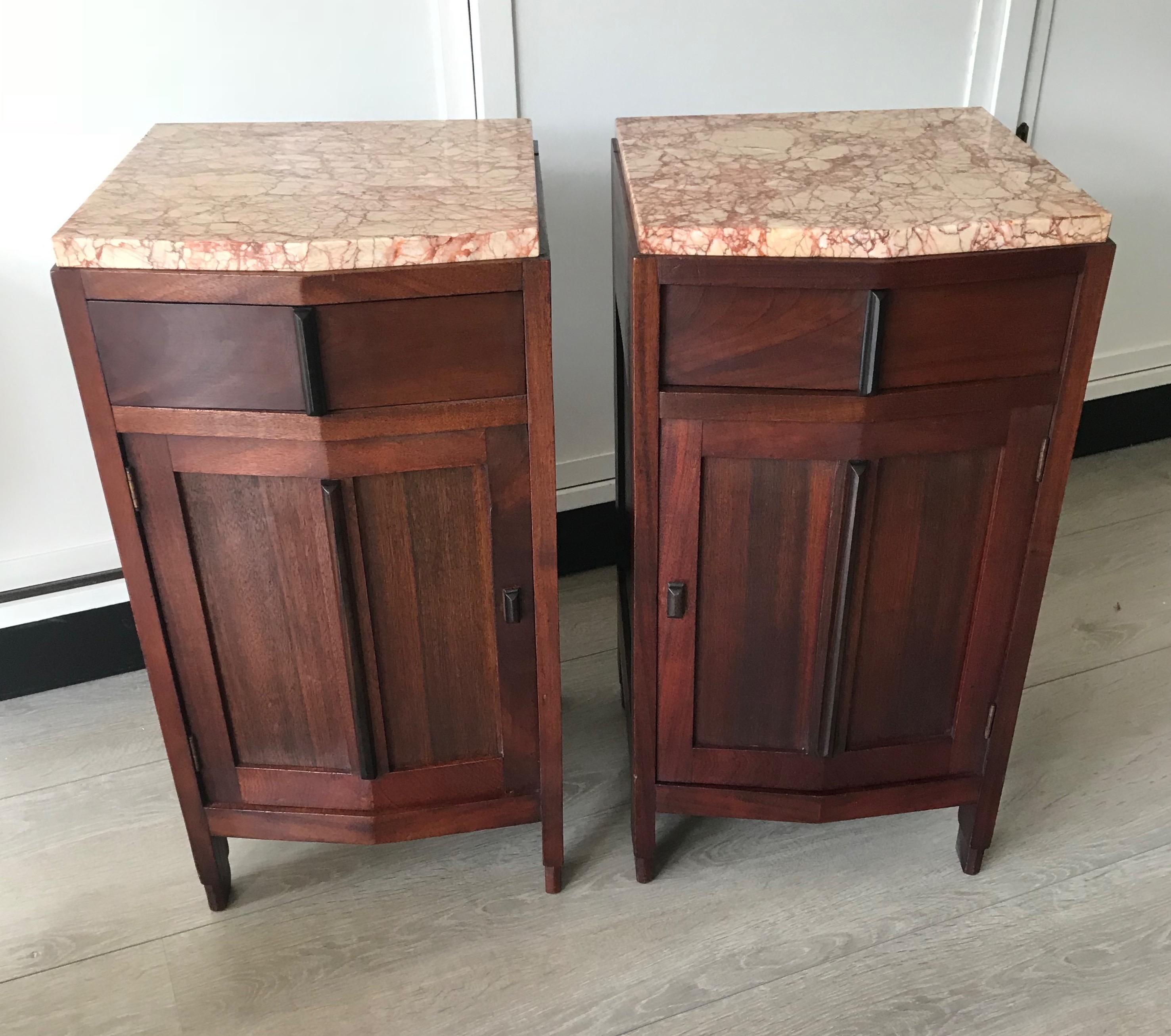 Hand-Crafted Amsterdam School Mahogany Macassar & Marble Nightstands Cabinets Tables