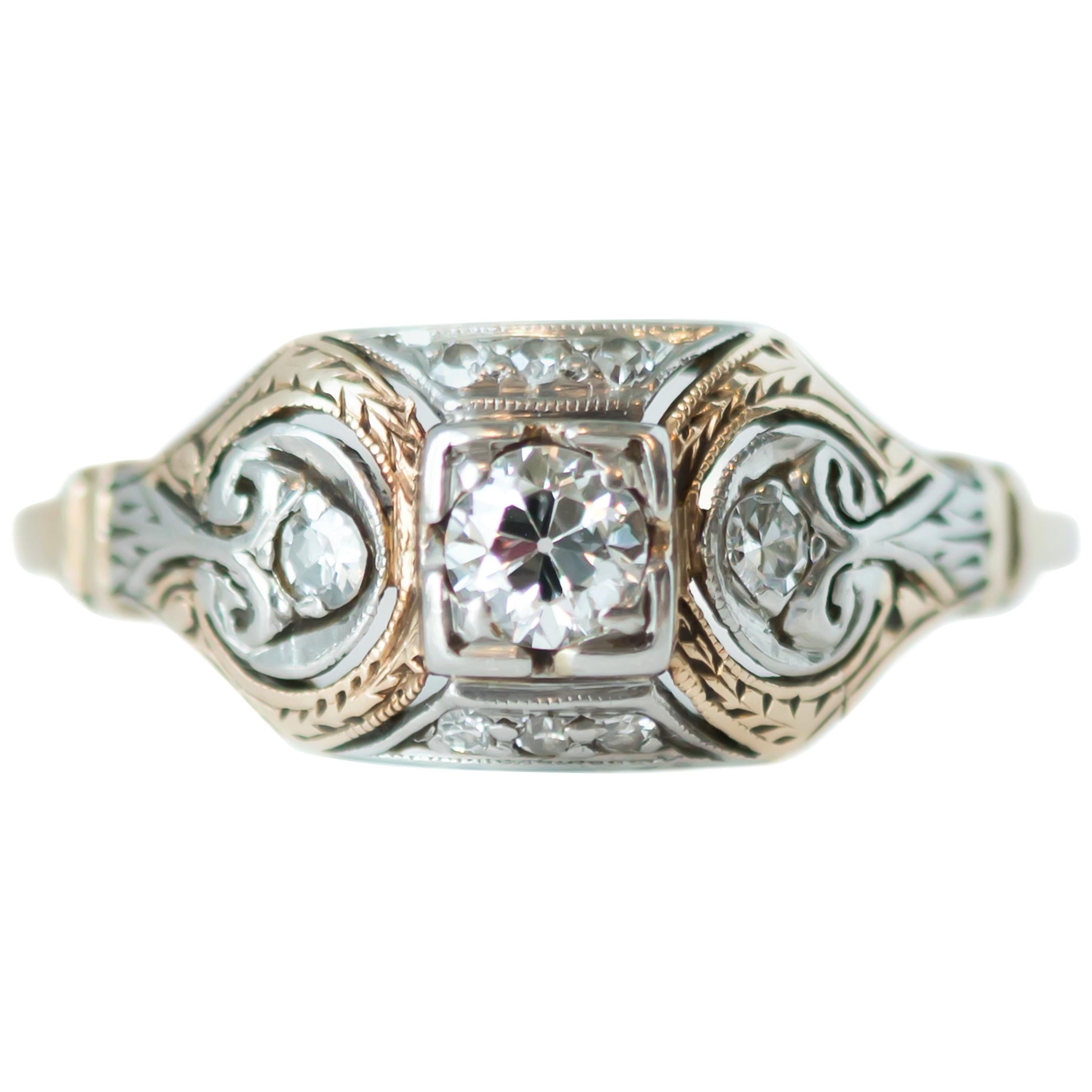 1900 Art Deco Old European Diamond, 14 Karat Gold and Palladium Two-Tone Ring