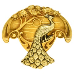 Antique 1900 Art Nouveau 14 Karat Two Tone Gold Peacock Brooch