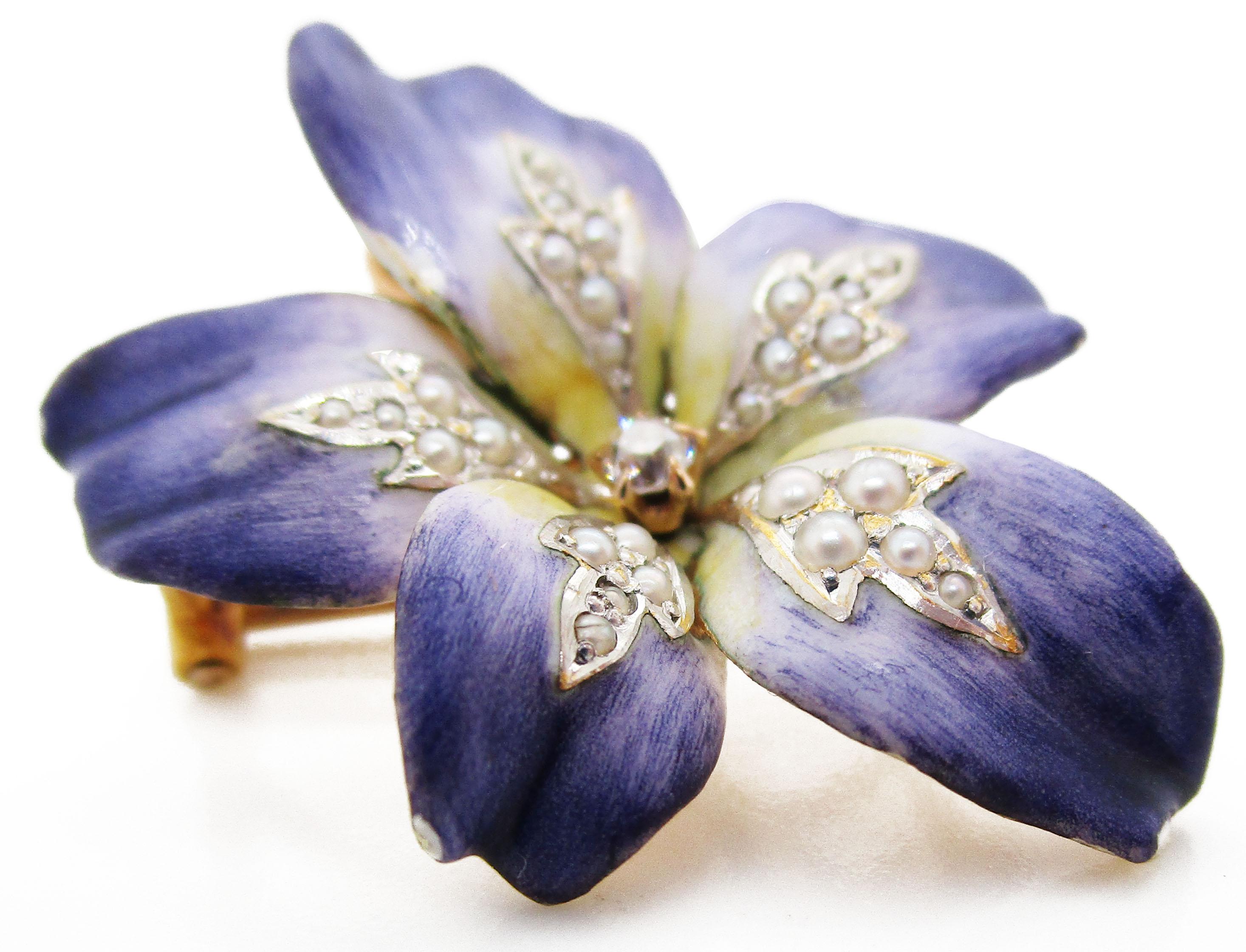 Old Mine Cut Art Nouveau 18 Karat Gold Platinum Enamel Diamond Seed Pearl Violet Pin Pendant