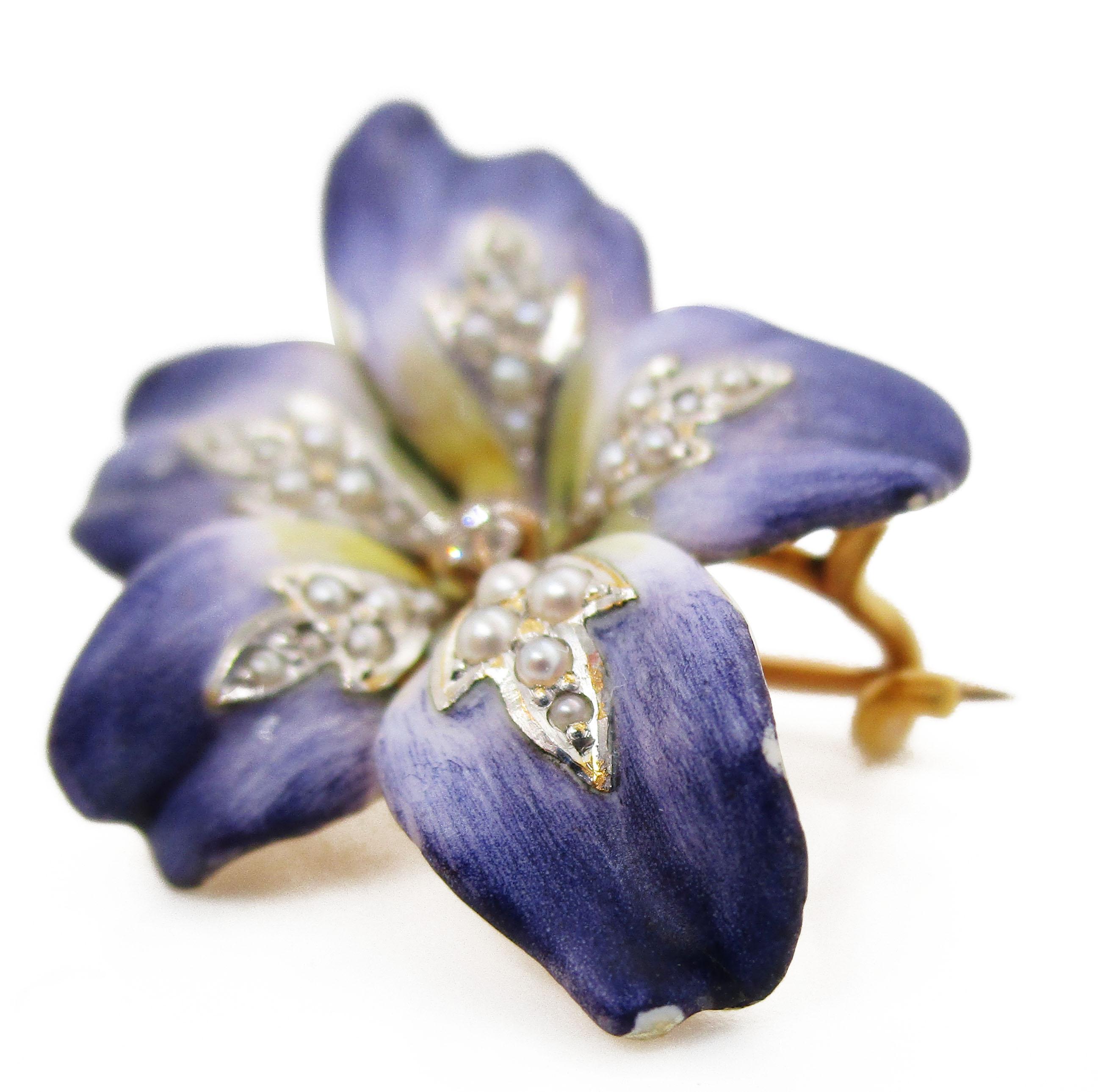 Art Nouveau 18 Karat Gold Platinum Enamel Diamond Seed Pearl Violet Pin Pendant In Excellent Condition In Lexington, KY