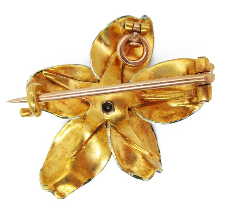 Art Nouveau 18 Karat Gold Platinum Enamel Diamond Seed Pearl Violet Pin ...
