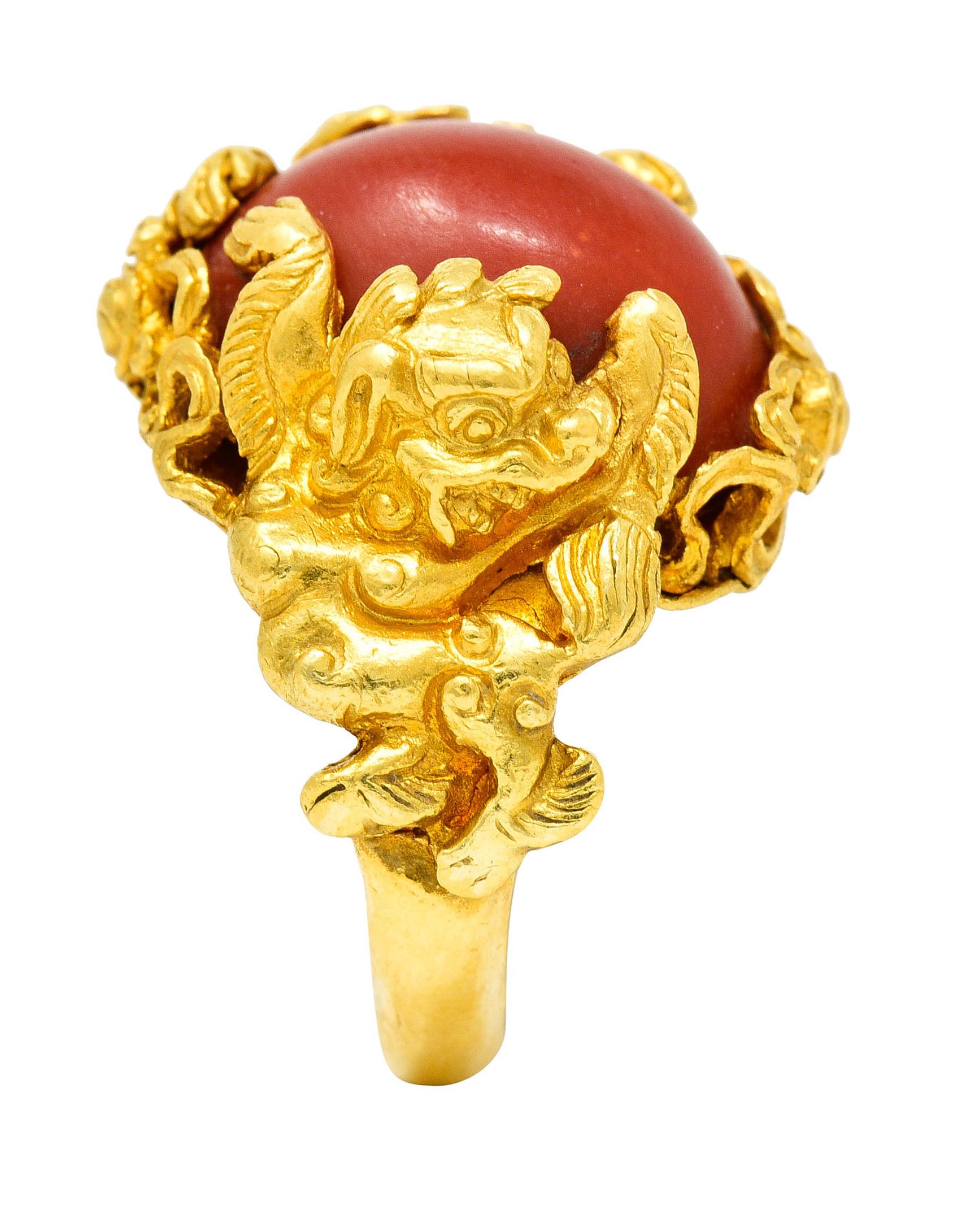 1900 Art Nouveau Coral 22 Karat Gold Chinese Guardian Lion Ring 4