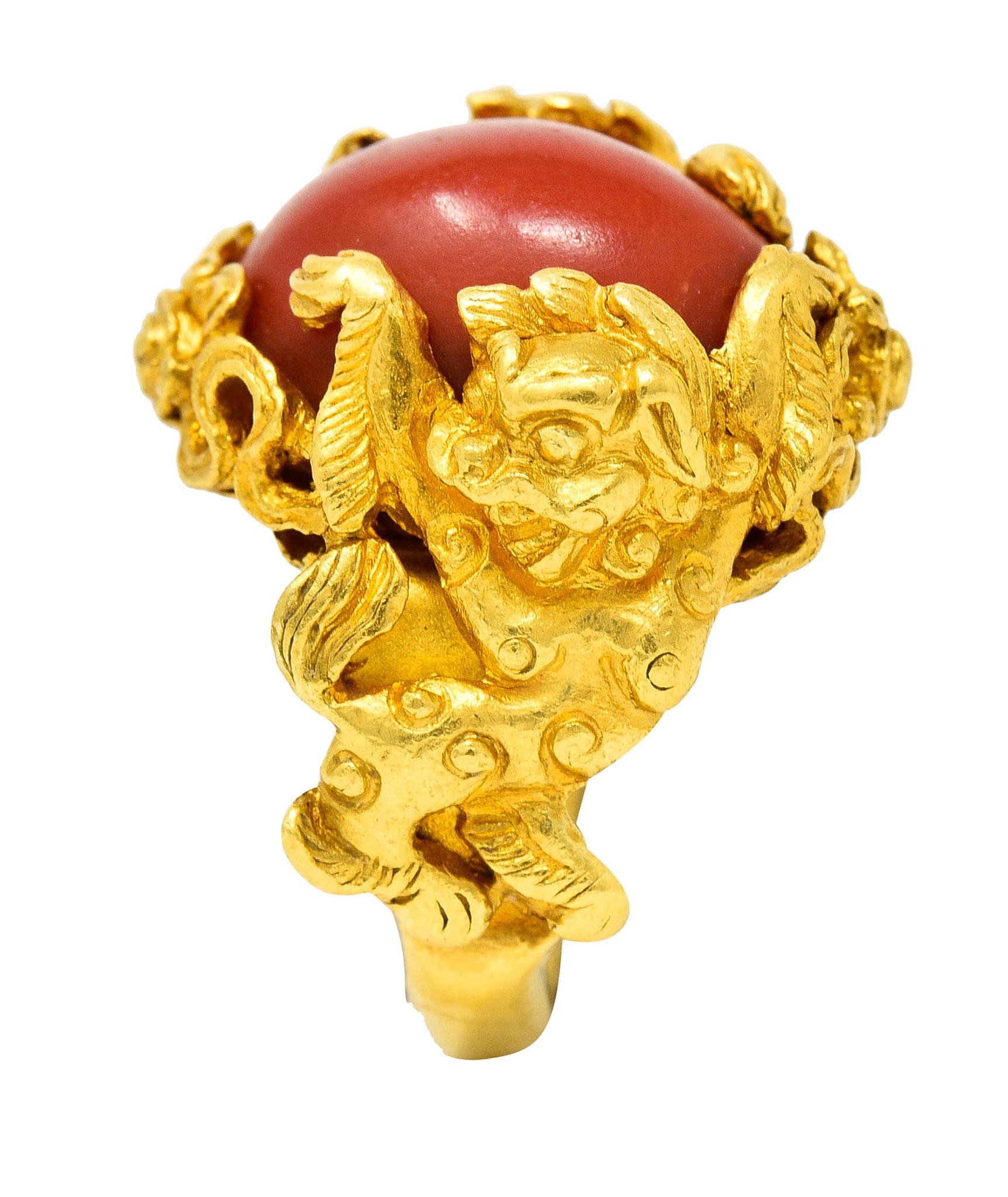 1900 Art Nouveau Coral 22 Karat Gold Chinese Guardian Lion Ring 5