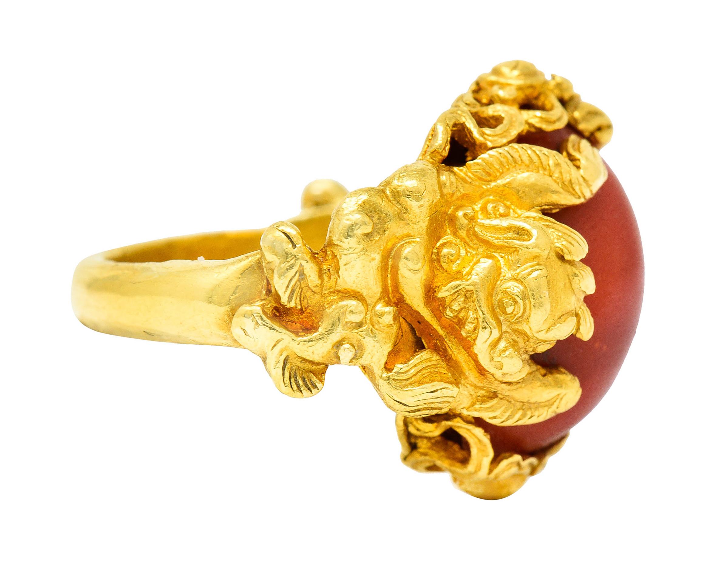 Cabochon 1900 Art Nouveau Coral 22 Karat Gold Chinese Guardian Lion Ring