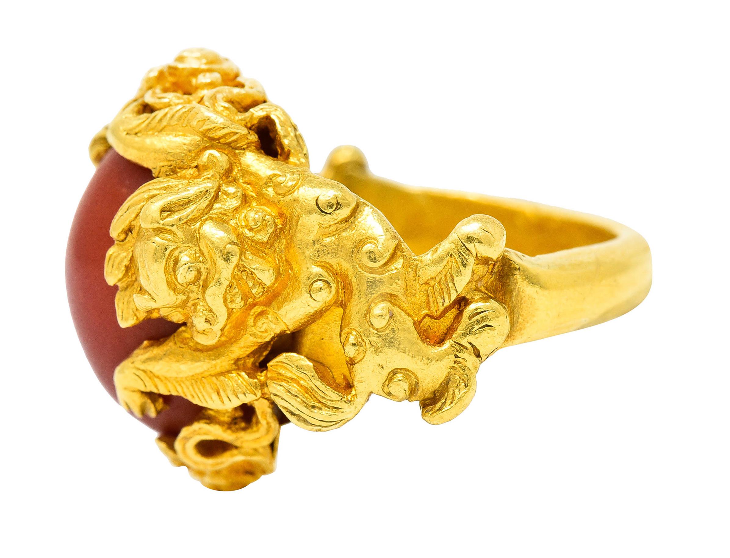 Women's or Men's 1900 Art Nouveau Coral 22 Karat Gold Chinese Guardian Lion Ring