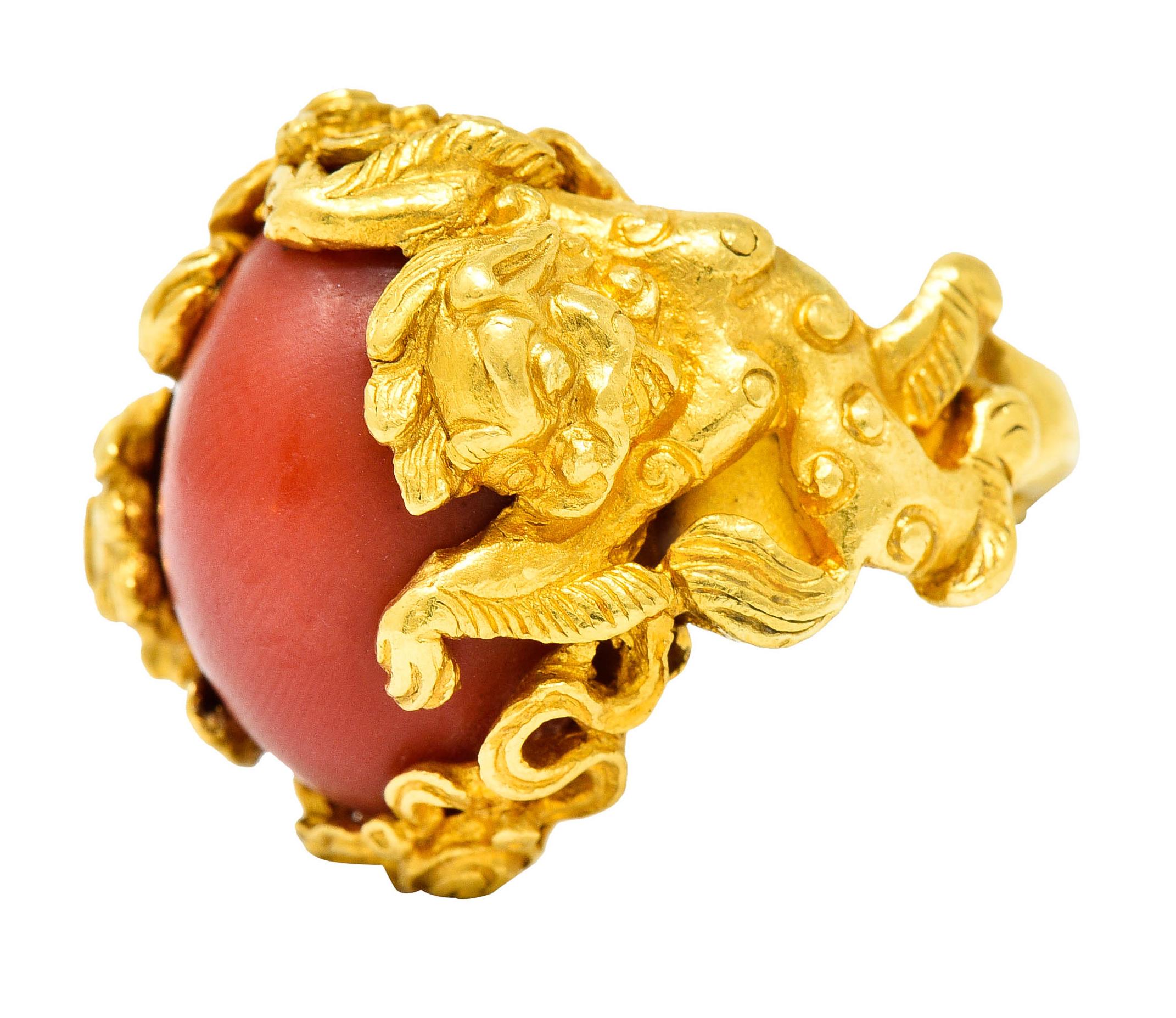 1900 Art Nouveau Coral 22 Karat Gold Chinese Guardian Lion Ring 1