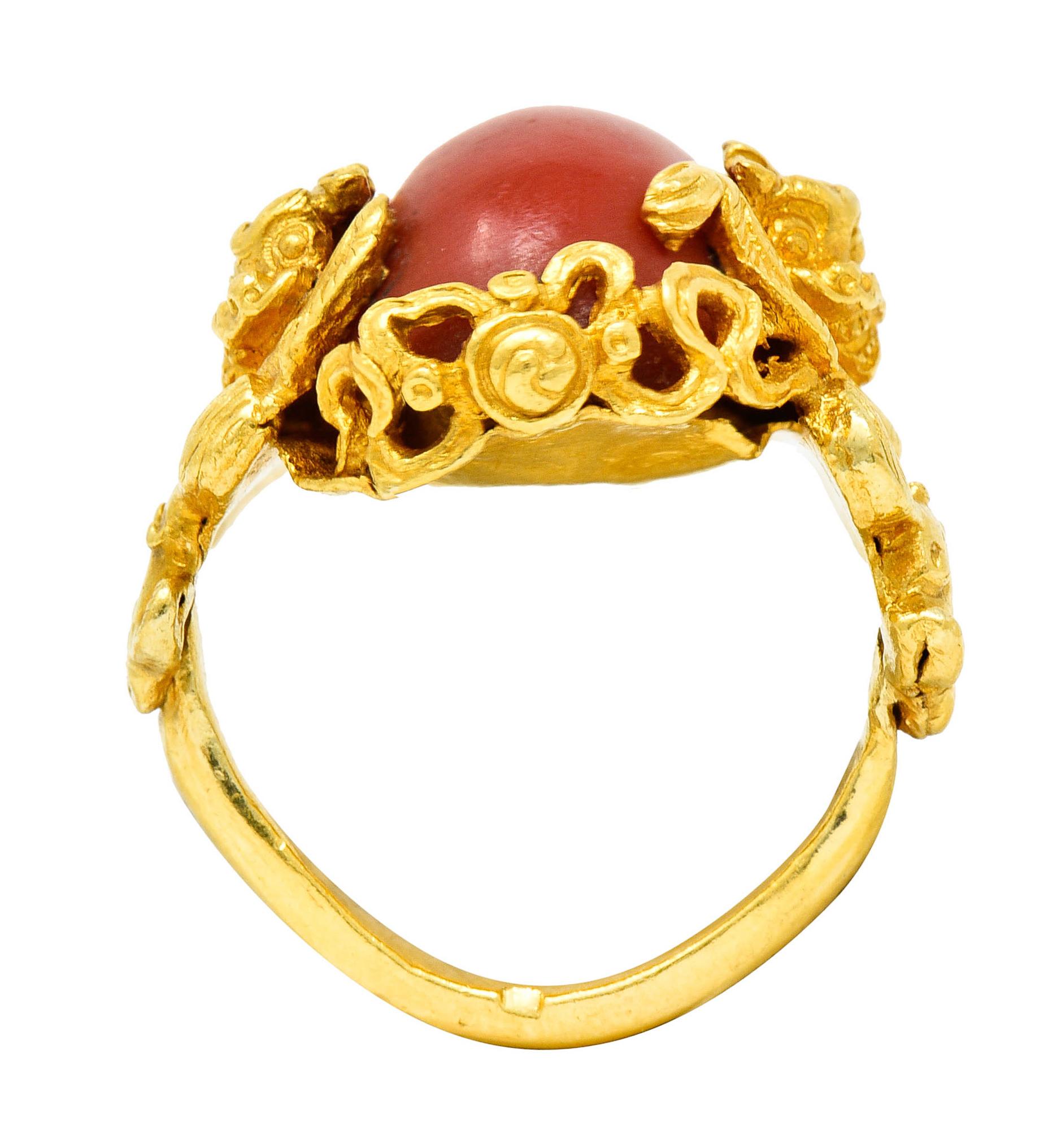 1900 Art Nouveau Coral 22 Karat Gold Chinese Guardian Lion Ring 3