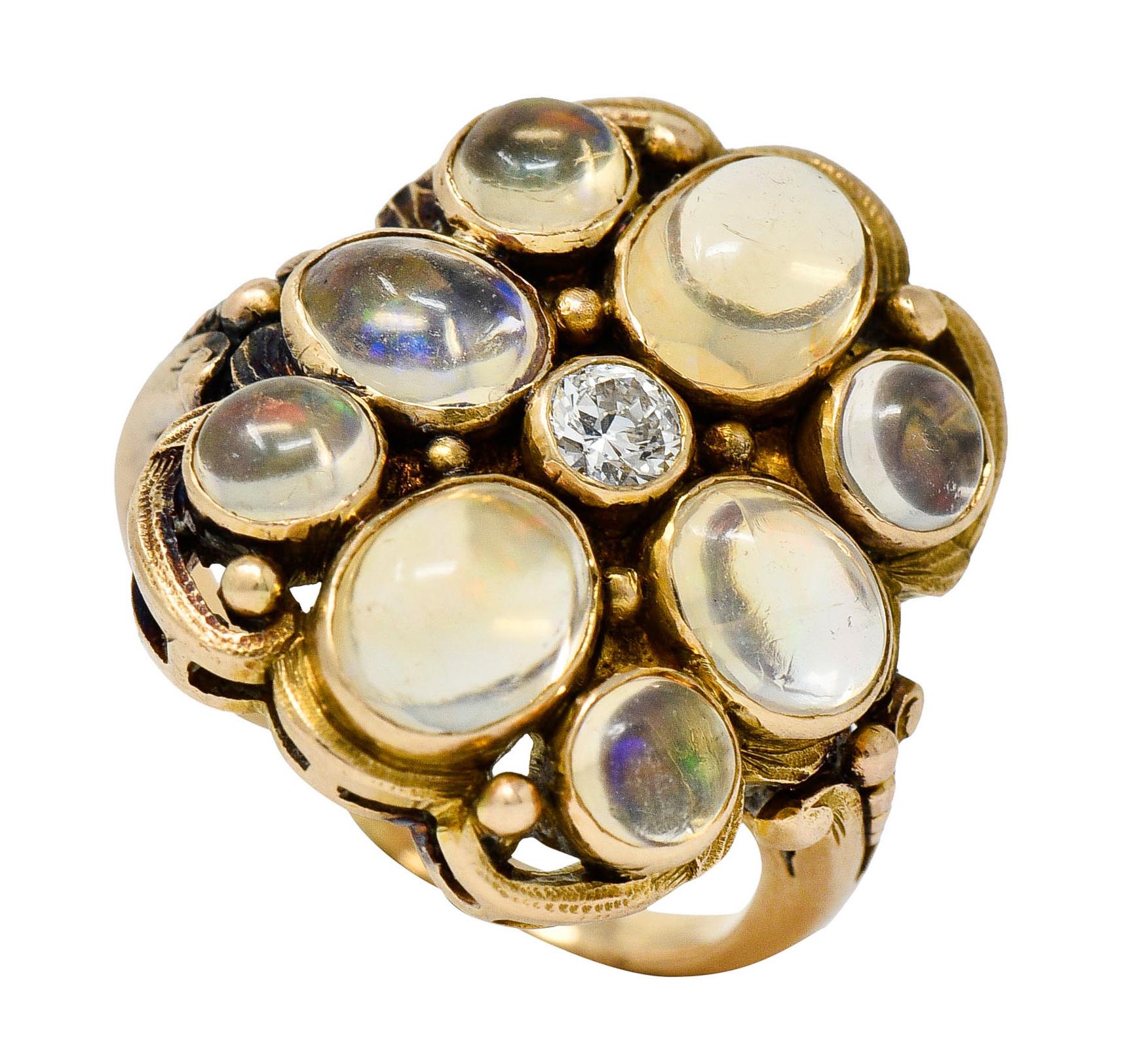 1900 Art Nouveau Diamond Jelly Opal 14 Karat Gold Cluster Ring 6
