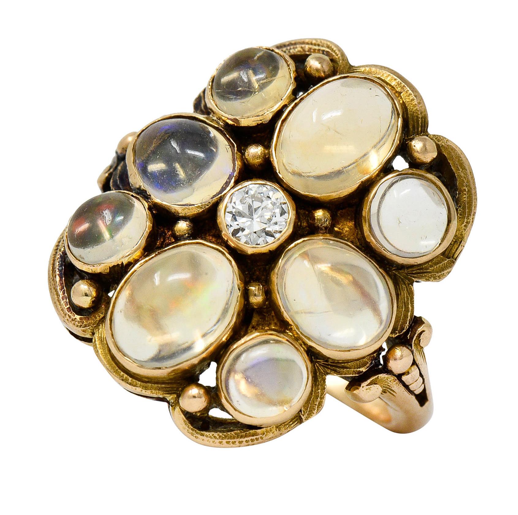 1900 Art Nouveau Diamond Jelly Opal 14 Karat Gold Cluster Ring 7