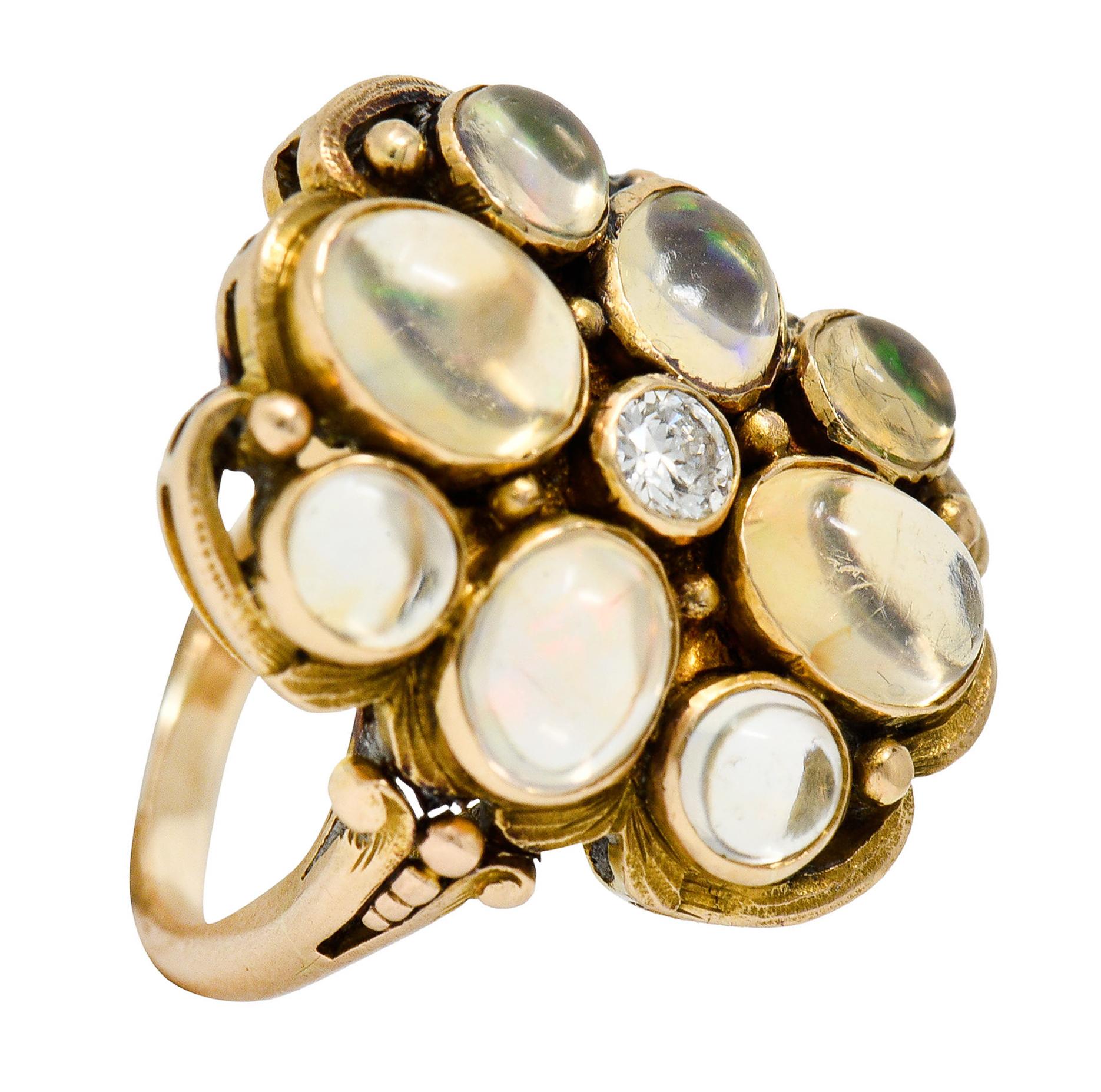1900 Art Nouveau Diamond Jelly Opal 14 Karat Gold Cluster Ring 8