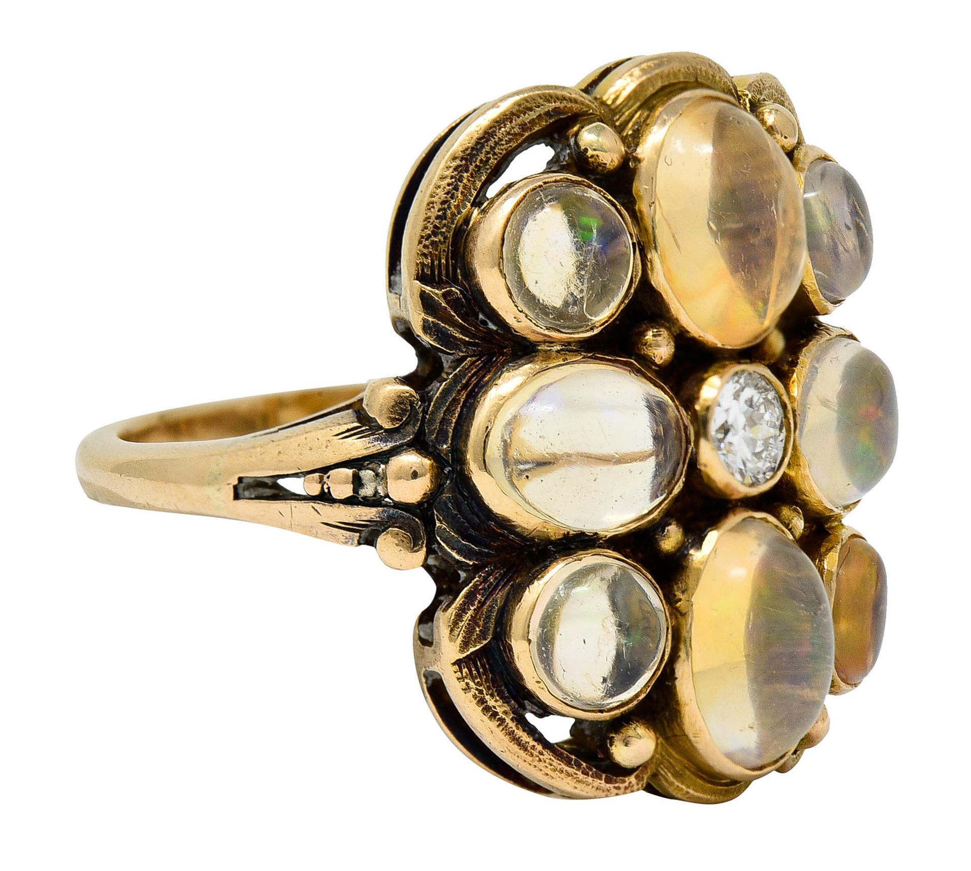 Cabochon 1900 Art Nouveau Diamond Jelly Opal 14 Karat Gold Cluster Ring
