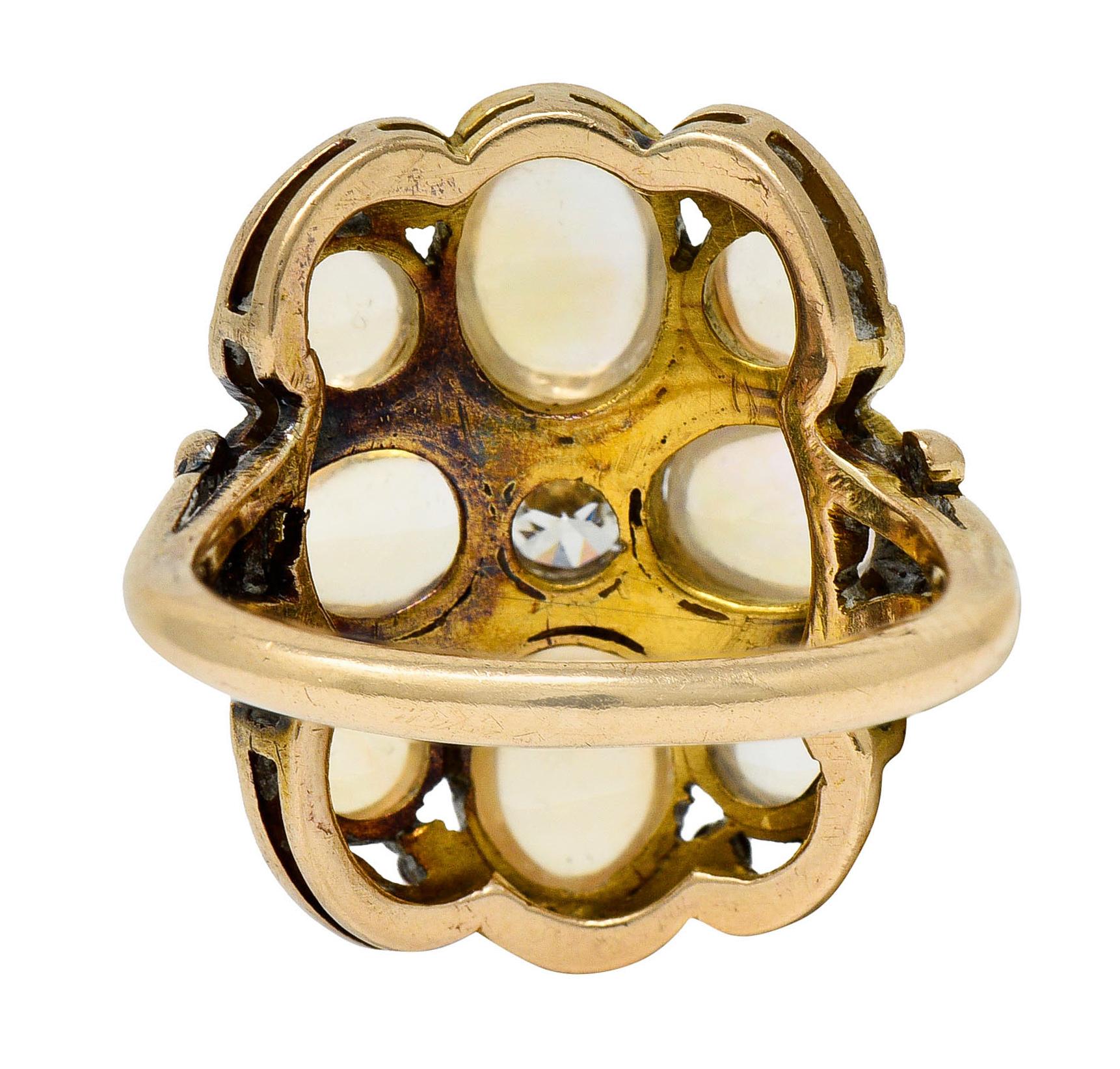 Women's or Men's 1900 Art Nouveau Diamond Jelly Opal 14 Karat Gold Cluster Ring