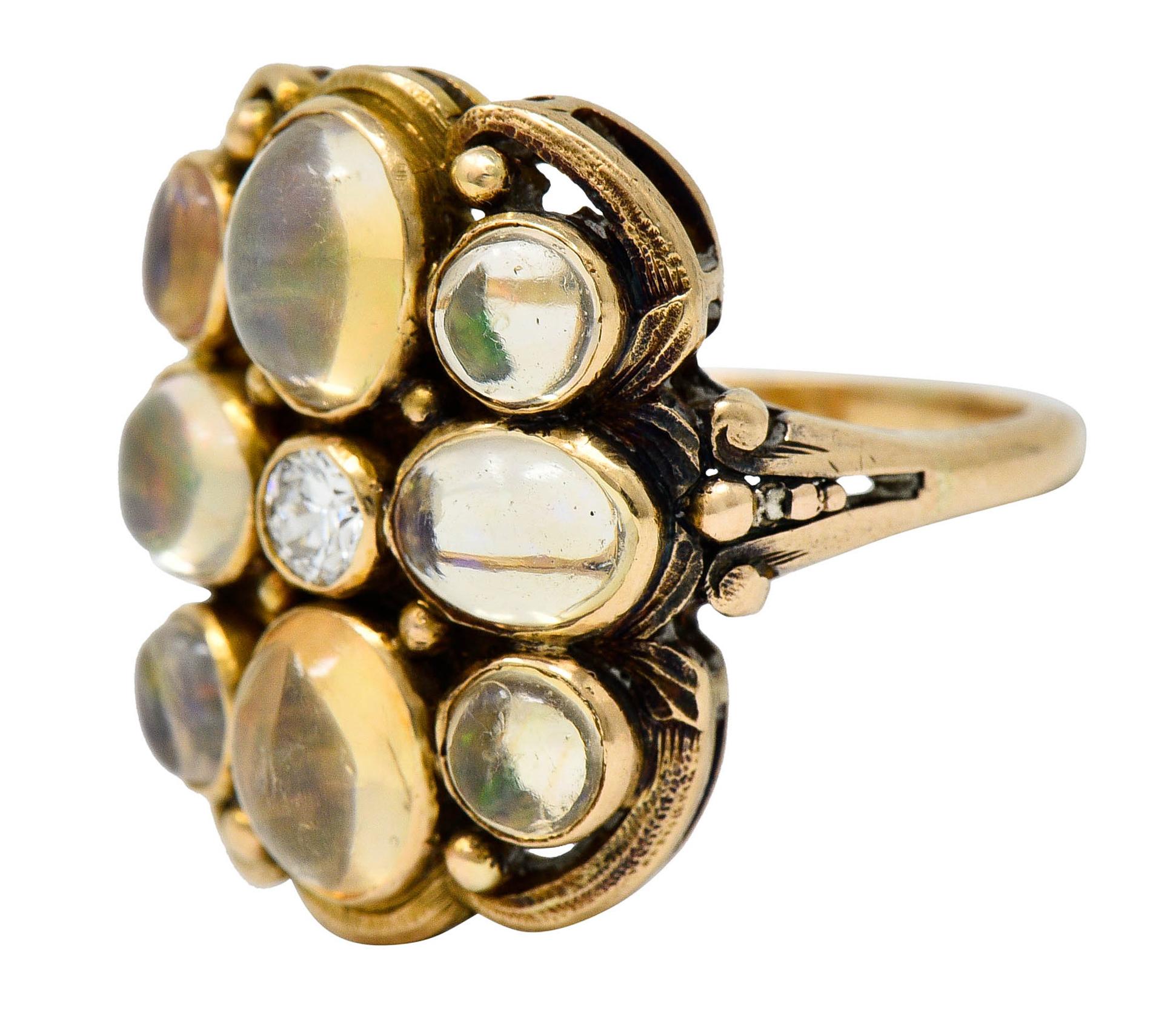 1900 Art Nouveau Diamond Jelly Opal 14 Karat Gold Cluster Ring 2