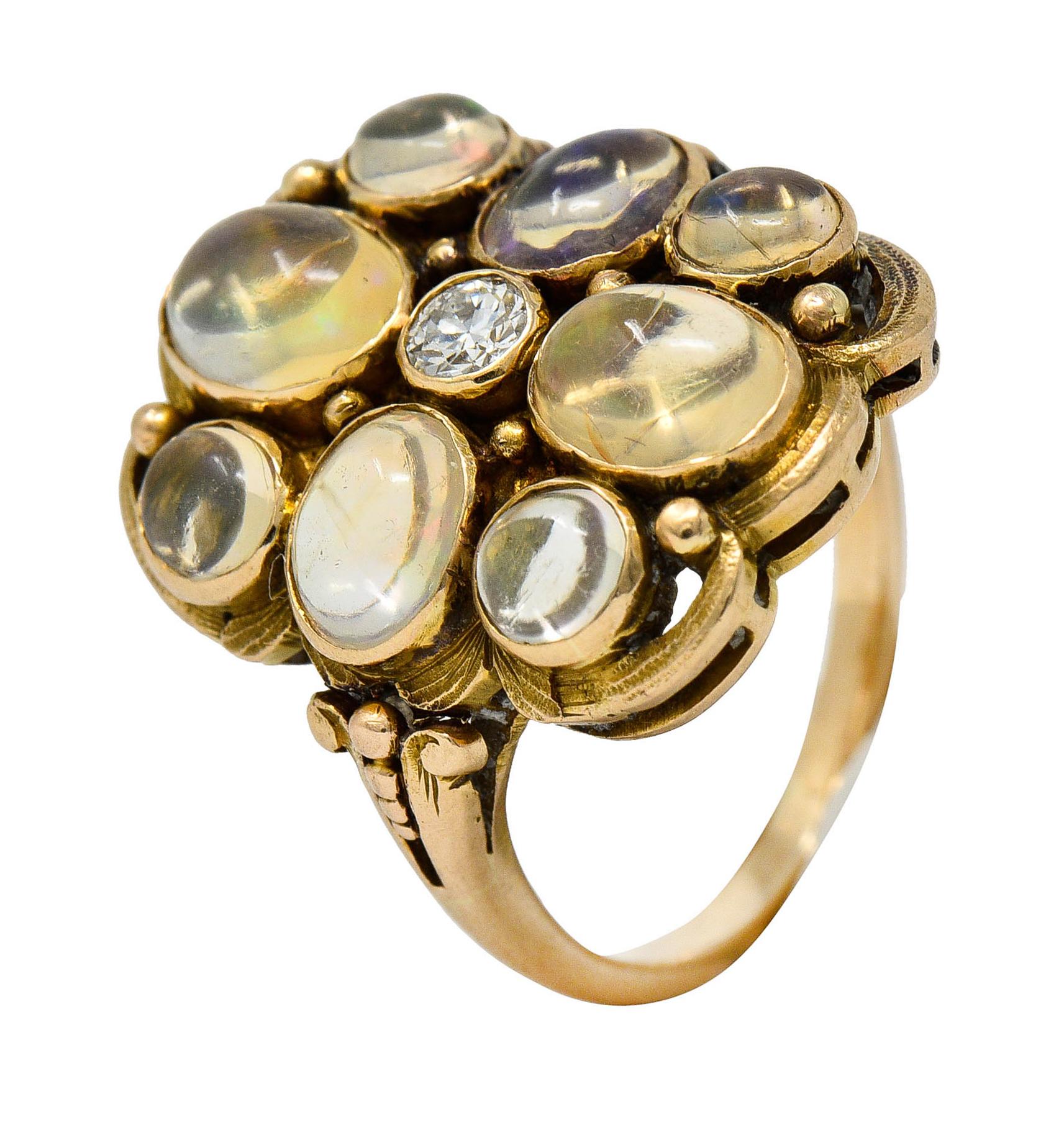 1900 Art Nouveau Diamond Jelly Opal 14 Karat Gold Cluster Ring 3