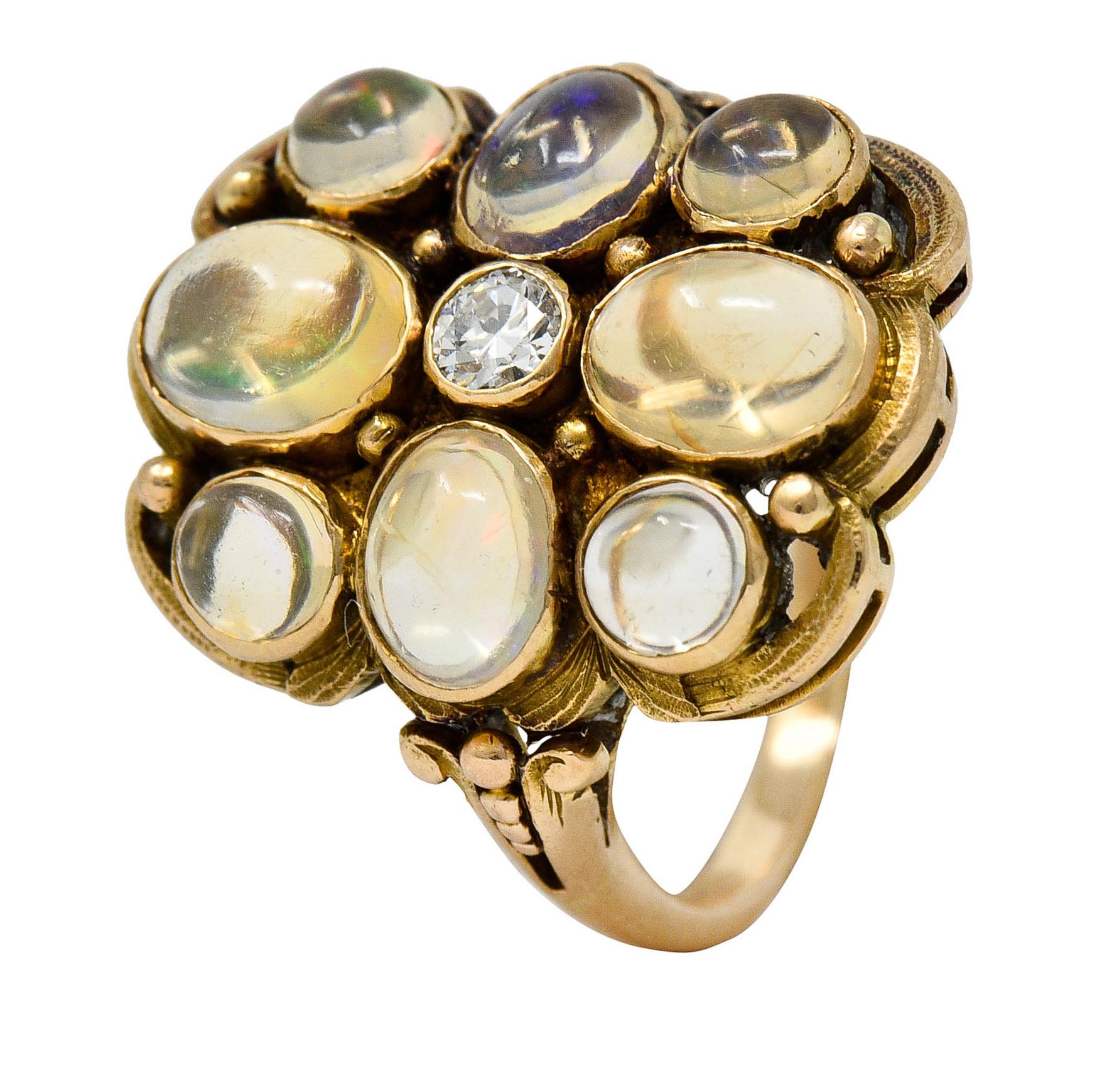 1900 Art Nouveau Diamond Jelly Opal 14 Karat Gold Cluster Ring 4
