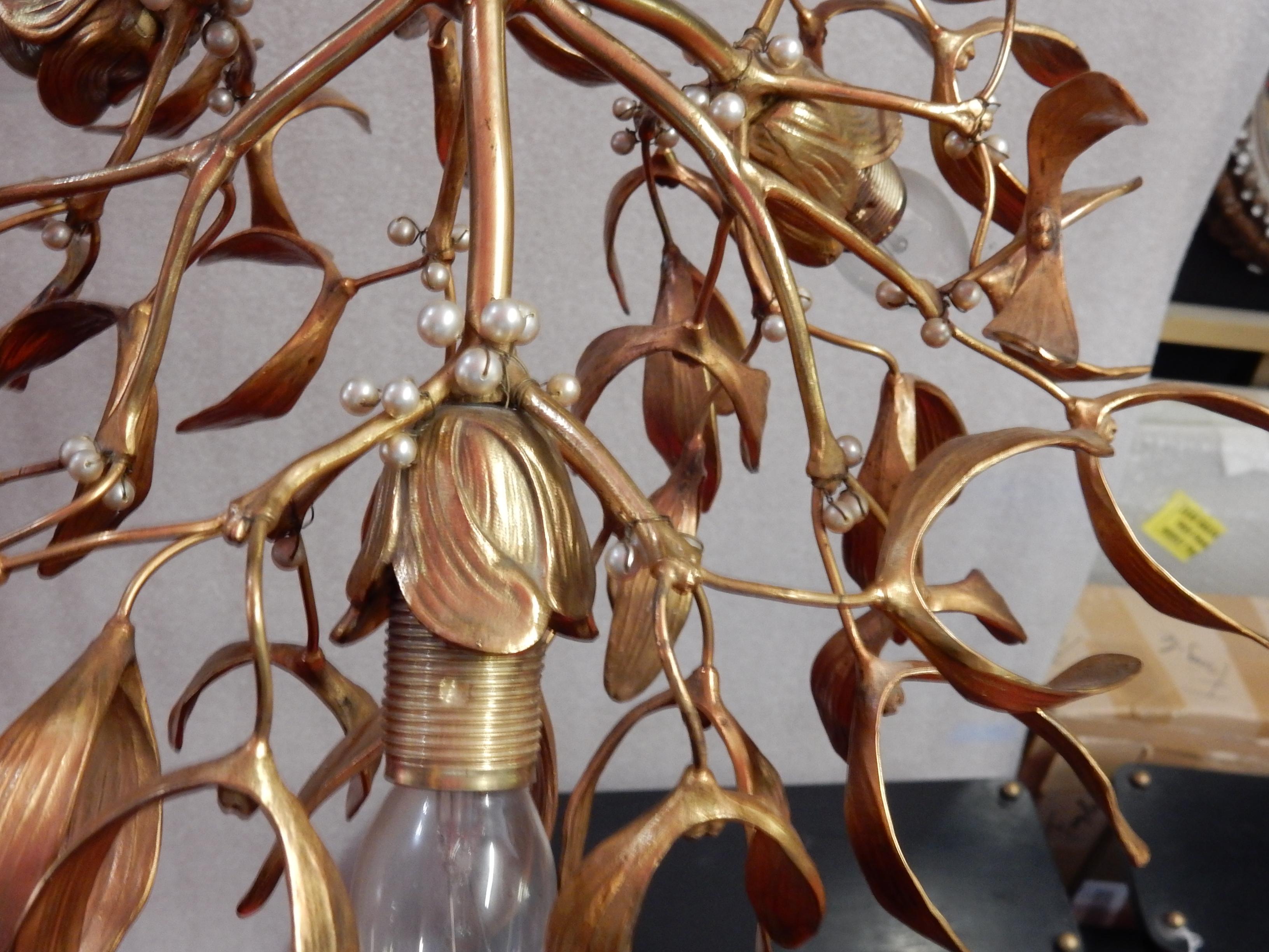 Austrian 1900 ′ Art Nouveau Gilted Bronze Mistletoe Ball Chandelier Has 3 Lights For Sale